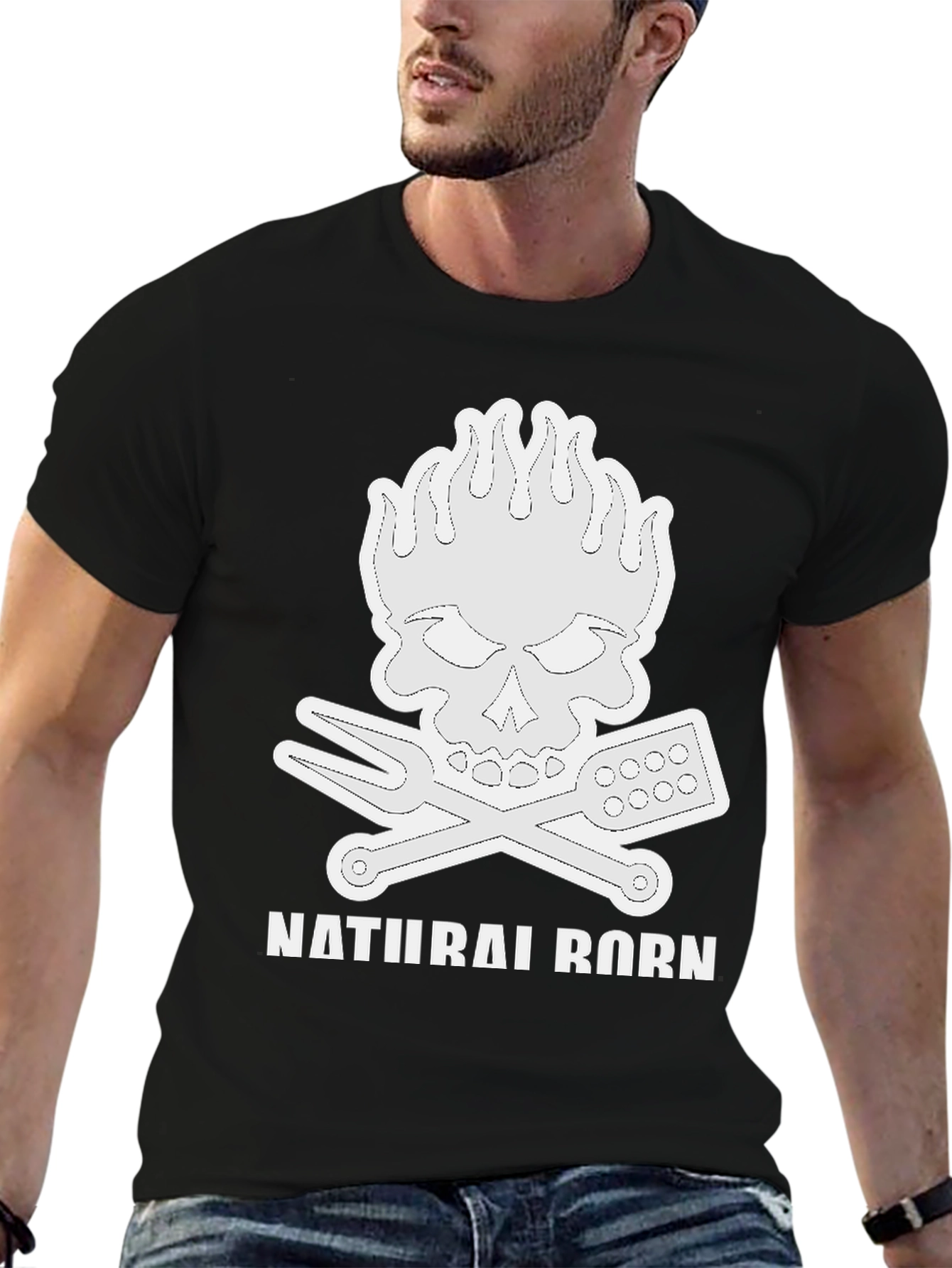 Natural Born Griller T-Shirt Skull Flames BBQ