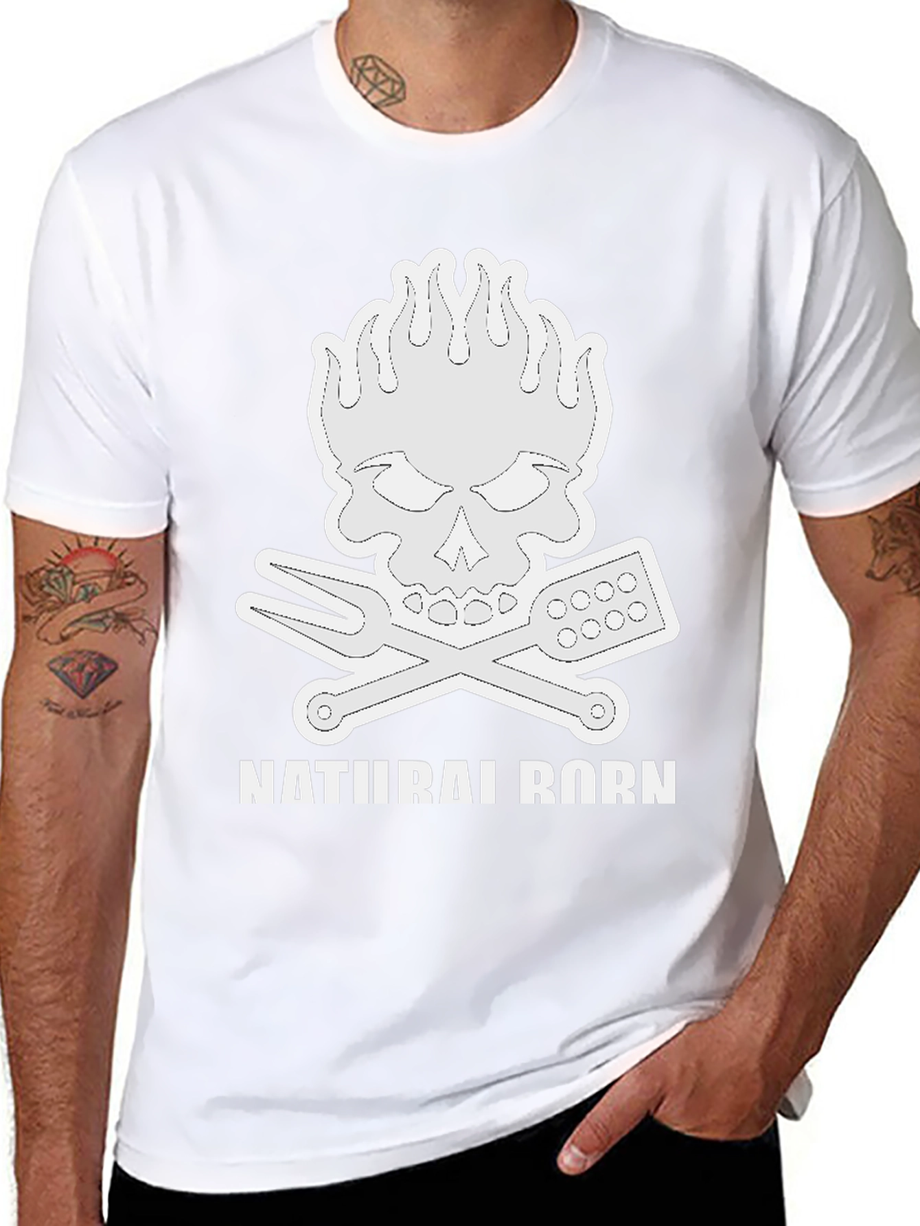 Natural Born Griller T-Shirt Skull Flames BBQ