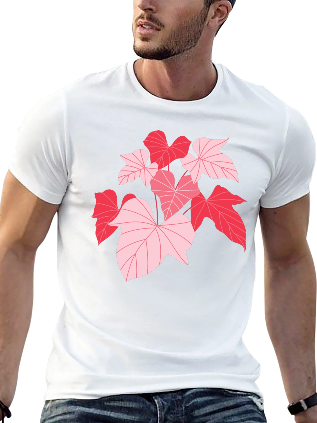 Pink Leaf Graphic Black T-Shirt