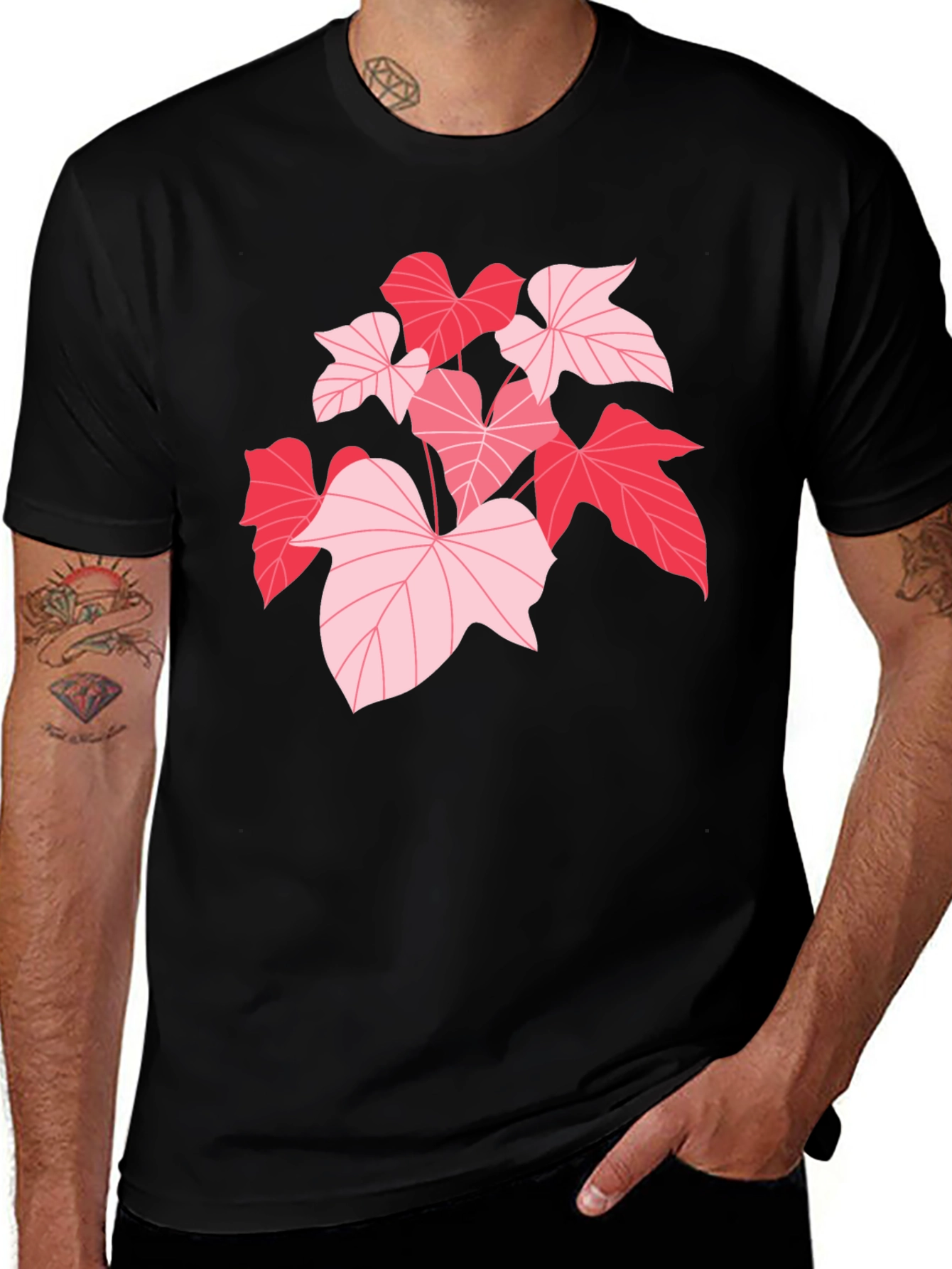 Pink Leaf Graphic Black T-Shirt