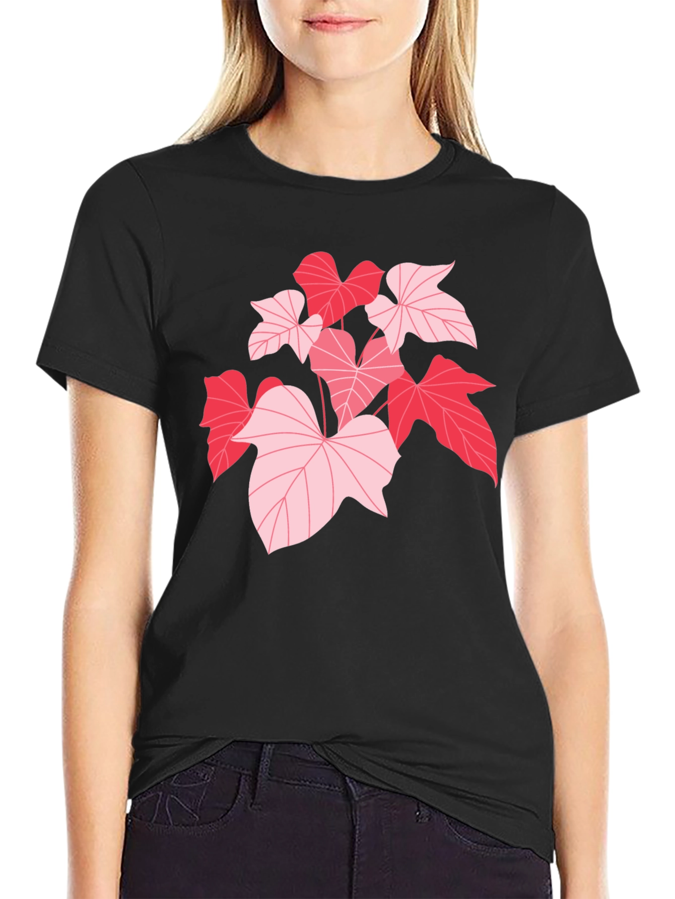 Pink Leaf Graphic Black T-Shirt