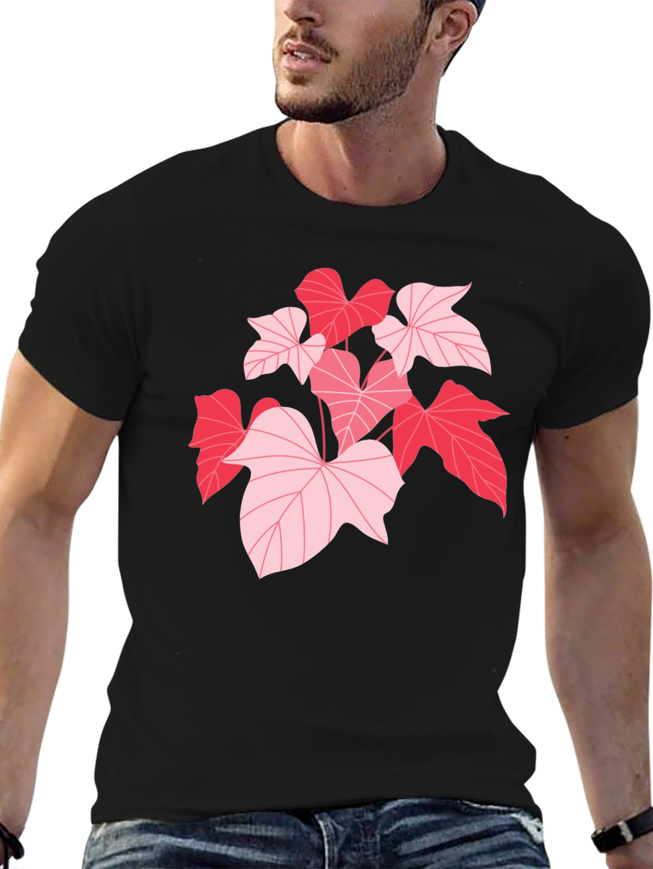 Pink Leaf Graphic Black T-Shirt