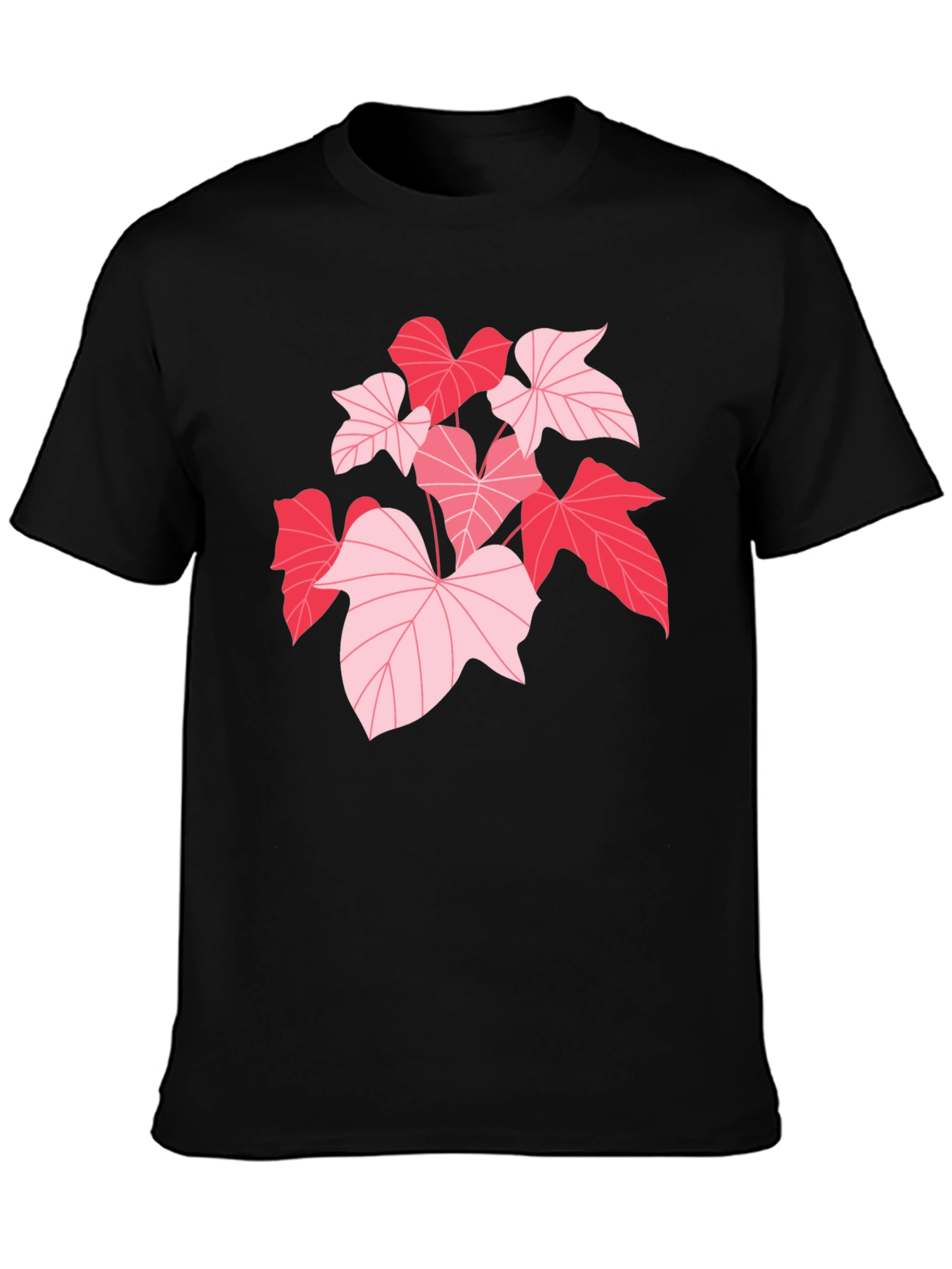 Pink Leaf Graphic Black T-Shirt