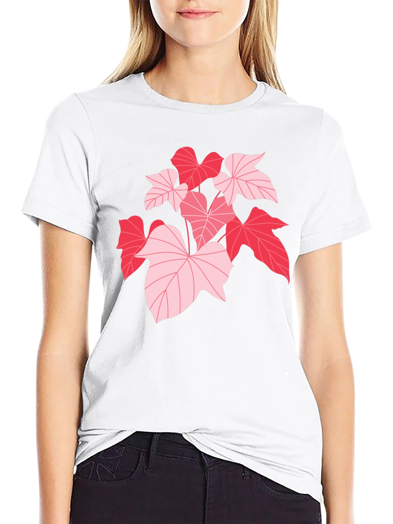 Pink Leaf Graphic Black T-Shirt