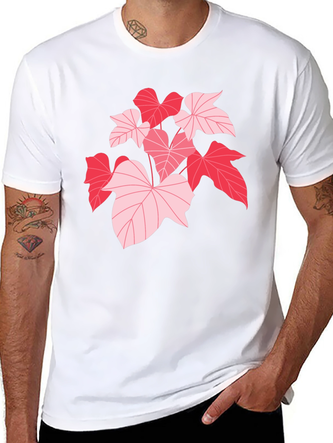 Pink Leaf Graphic Black T-Shirt