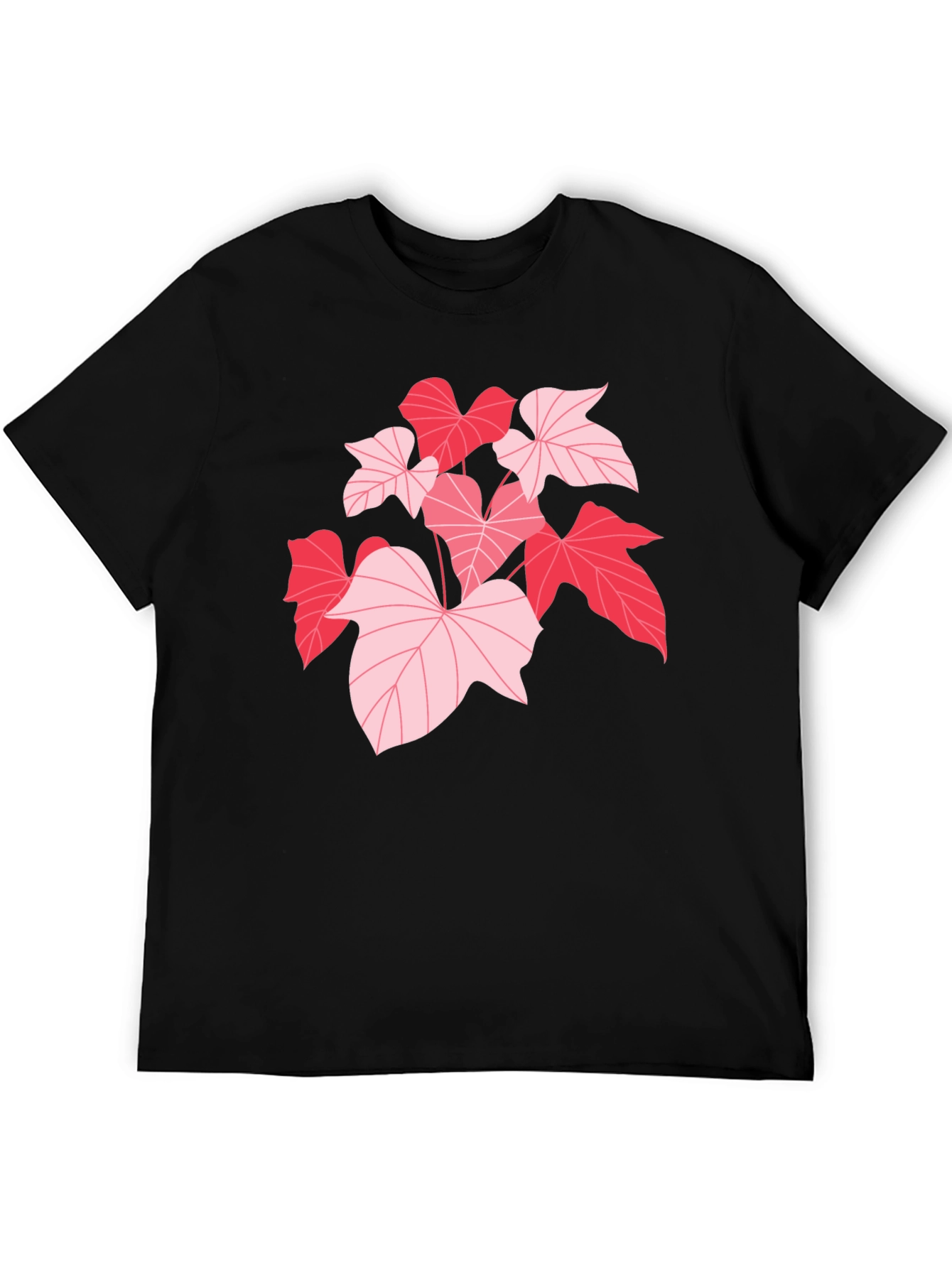 Pink Leaf Graphic Black T-Shirt