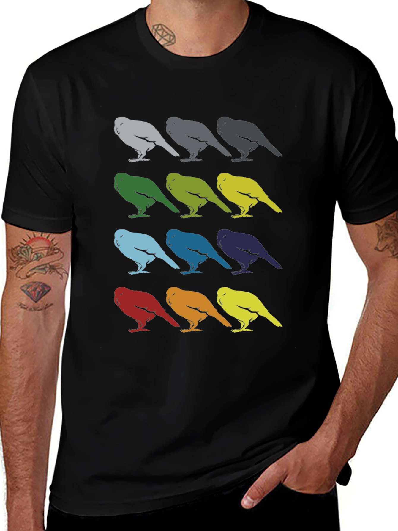Bird Pattern Graphic Tee - Mens Black T-Shirt