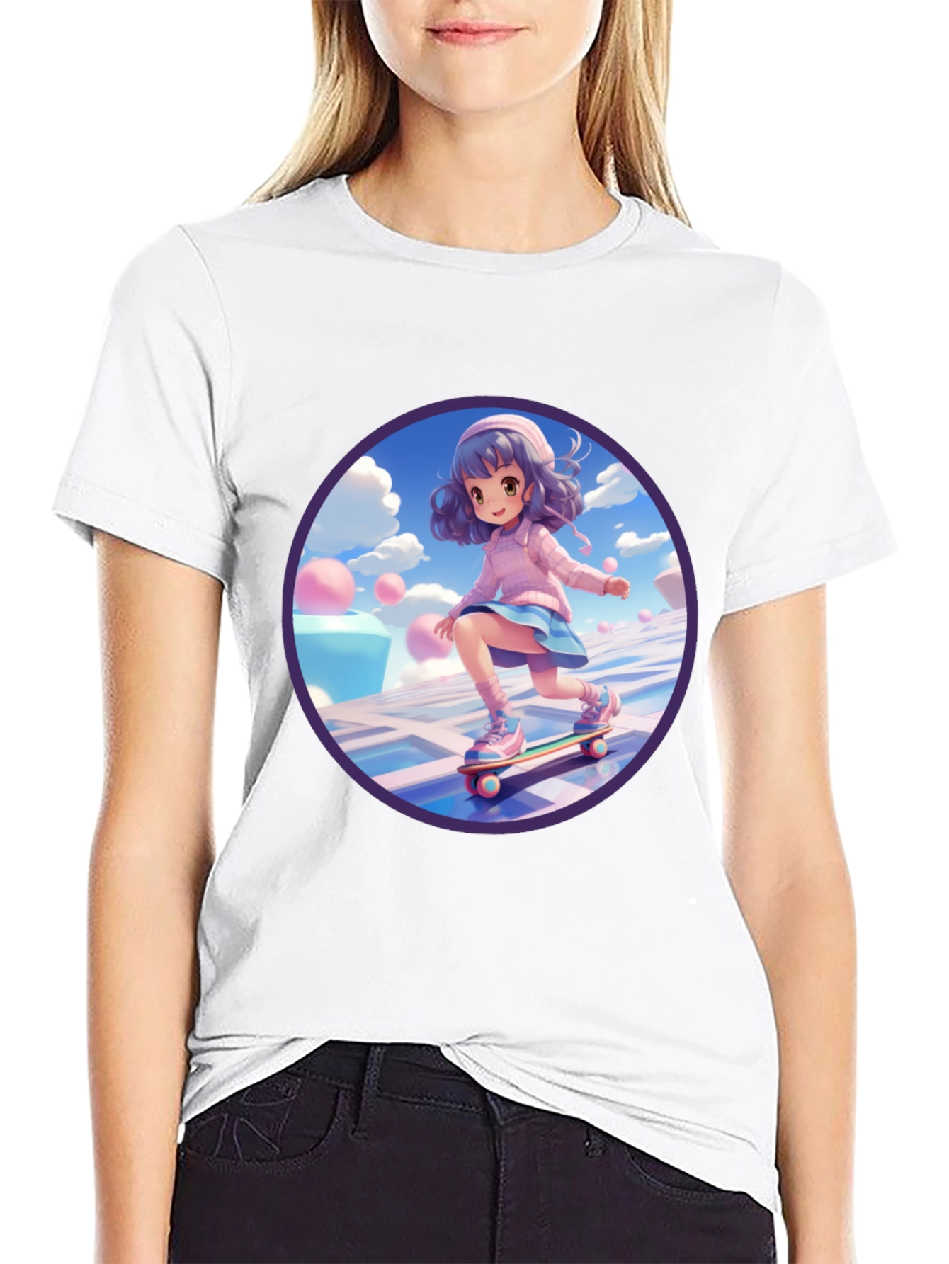 Anime Girl Skateboarder Black T-Shirt