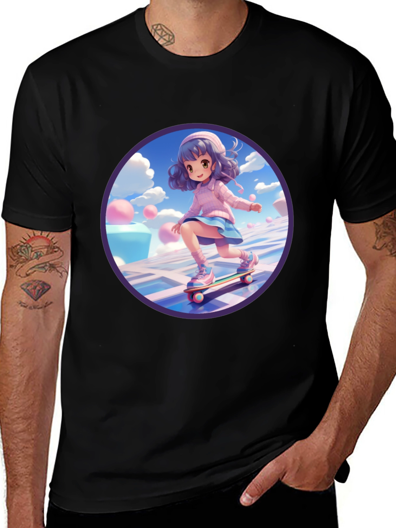 Anime Girl Skateboarder Black T-Shirt