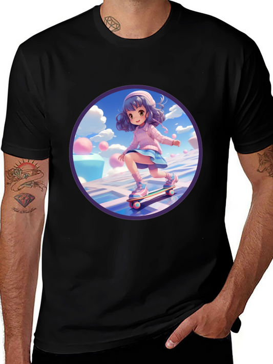 Anime Girl Skateboarder Black T-Shirt