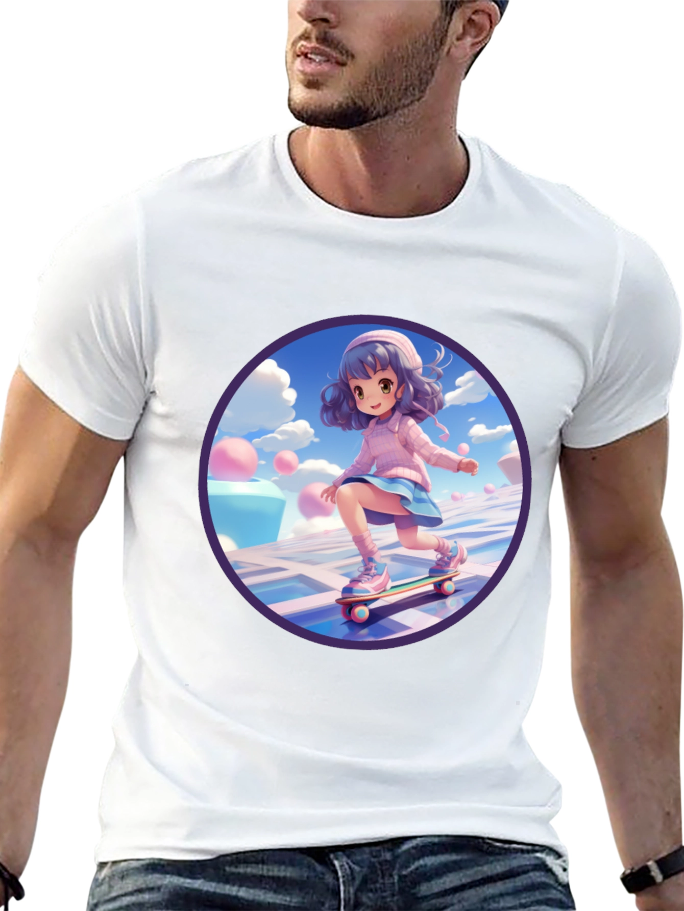 Anime Girl Skateboarder Black T-Shirt