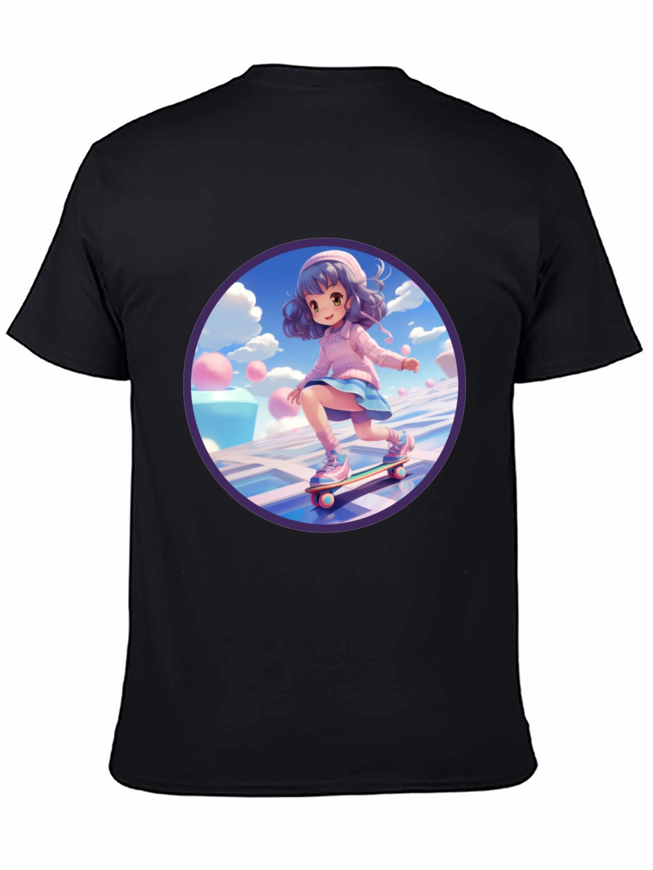 Anime Girl Skateboarder Black T-Shirt