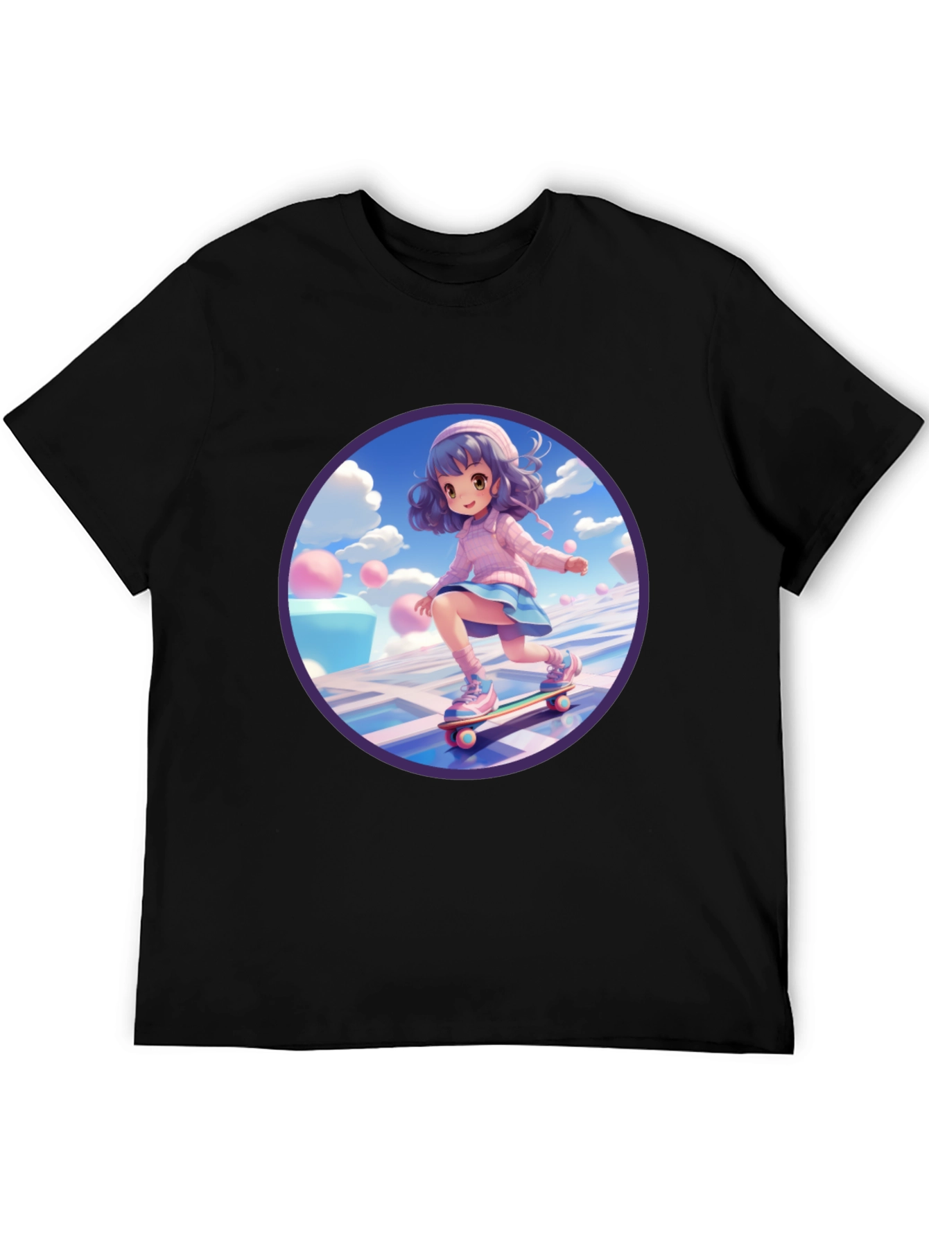 Anime Girl Skateboarder Black T-Shirt