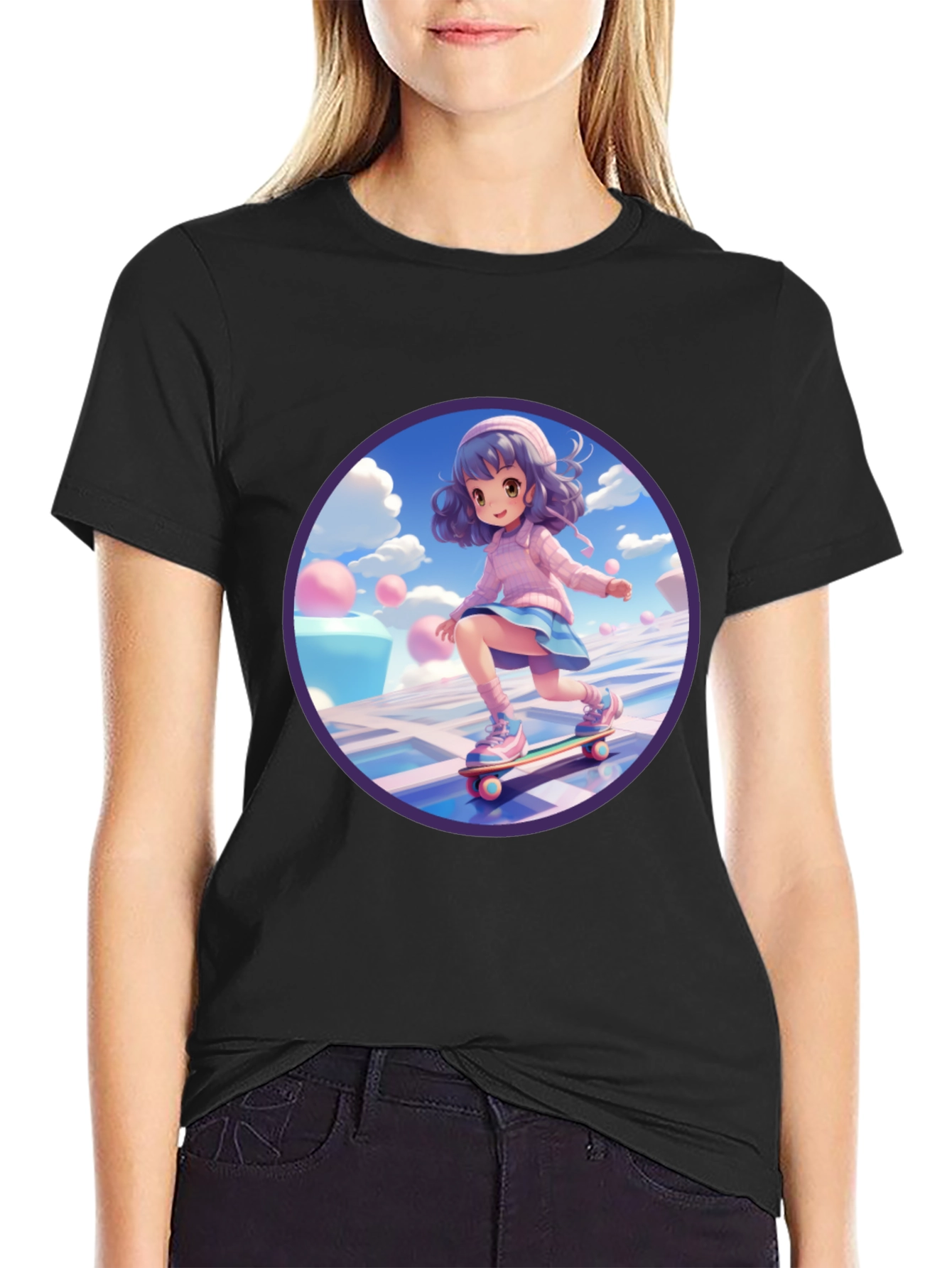 Anime Girl Skateboarder Black T-Shirt