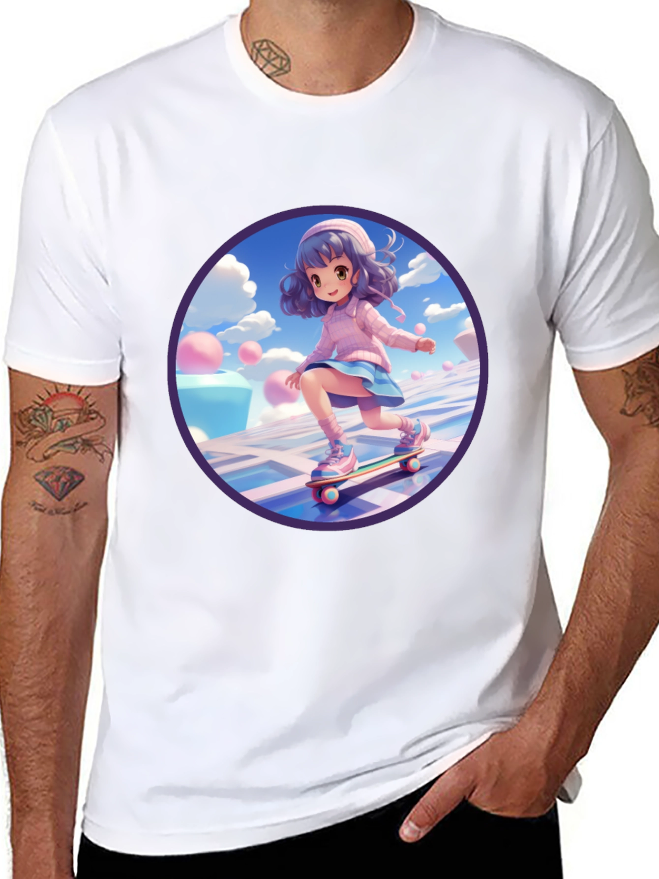 Anime Girl Skateboarder Black T-Shirt