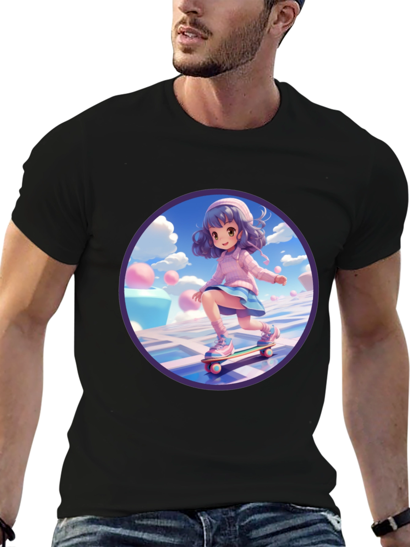 Anime Girl Skateboarder Black T-Shirt