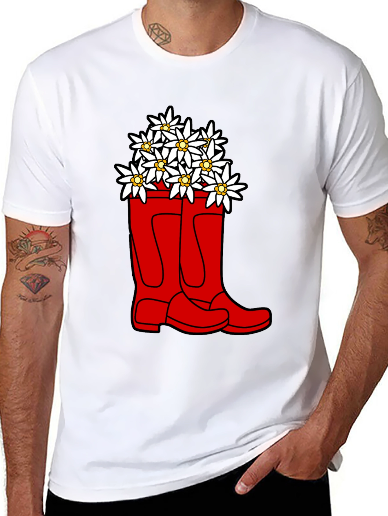 Edelweiss Flowers in Red Boots T-Shirt