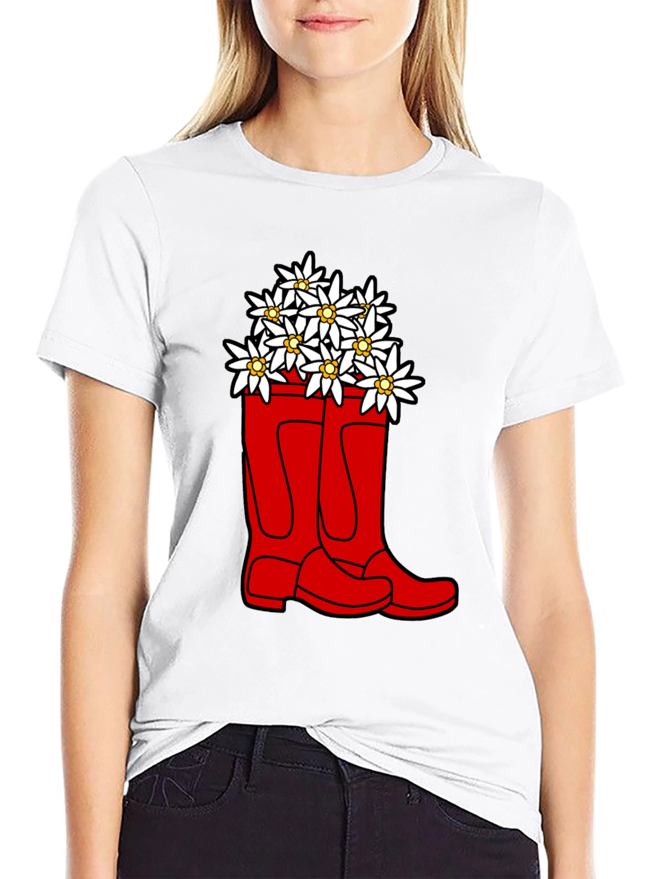Edelweiss Flowers in Red Boots T-Shirt