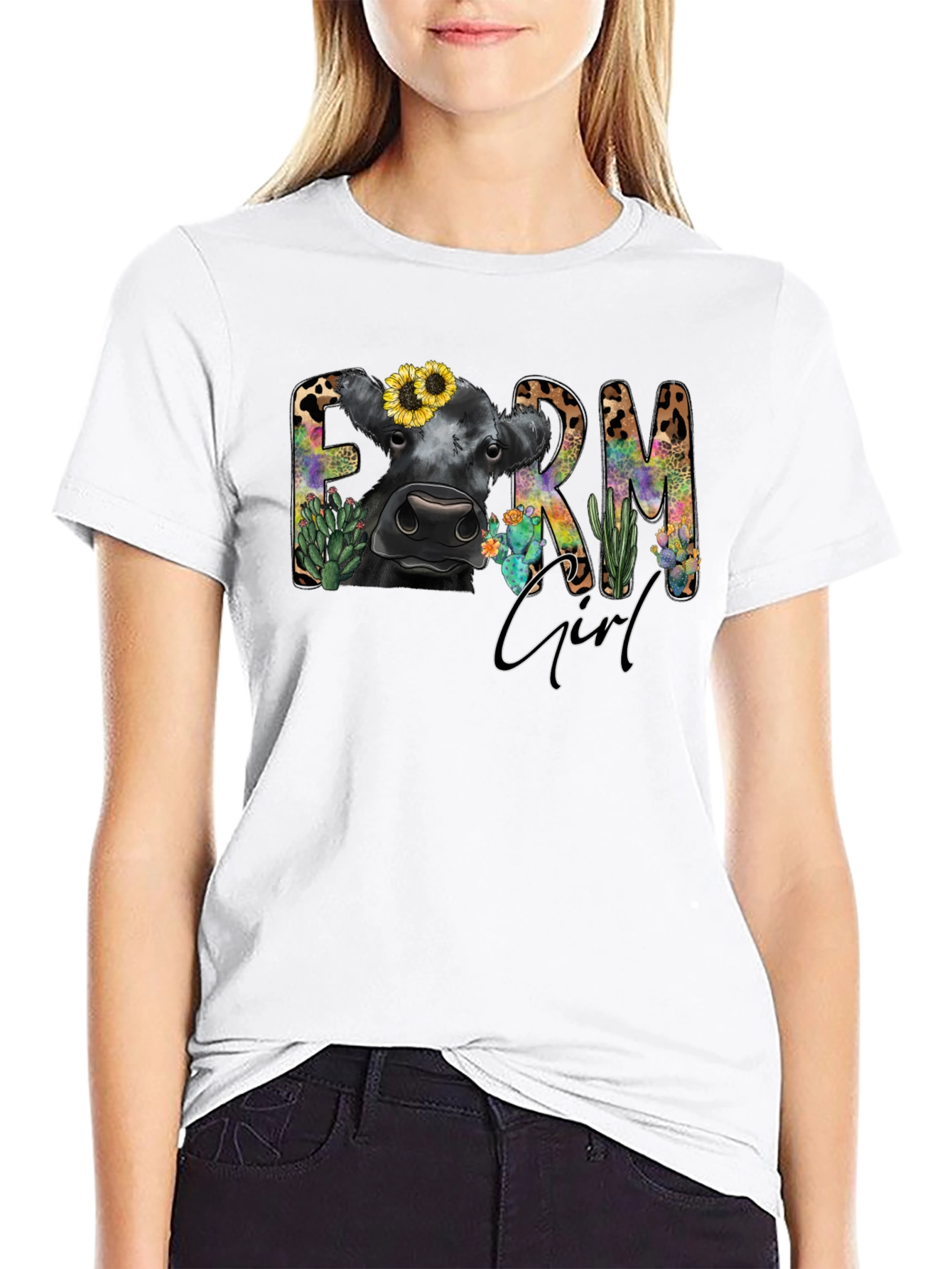 Farm Girl Graphic Tee - Cute Cow Design