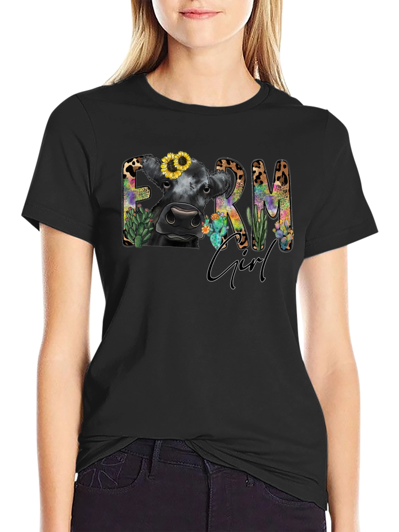Farm Girl Graphic Tee - Cute Cow Design