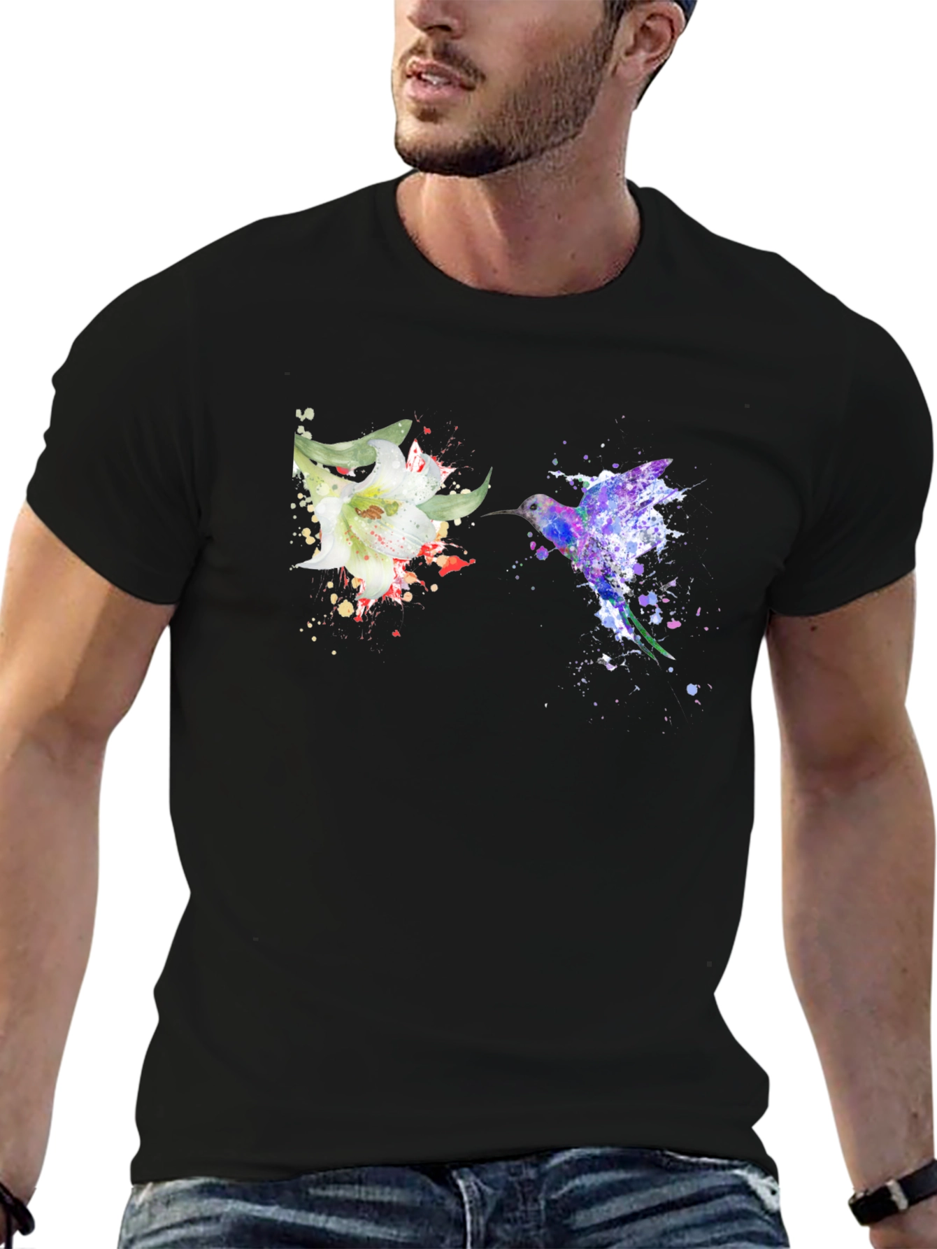 Hummingbird Flower Graphic Tee - Artsy Design