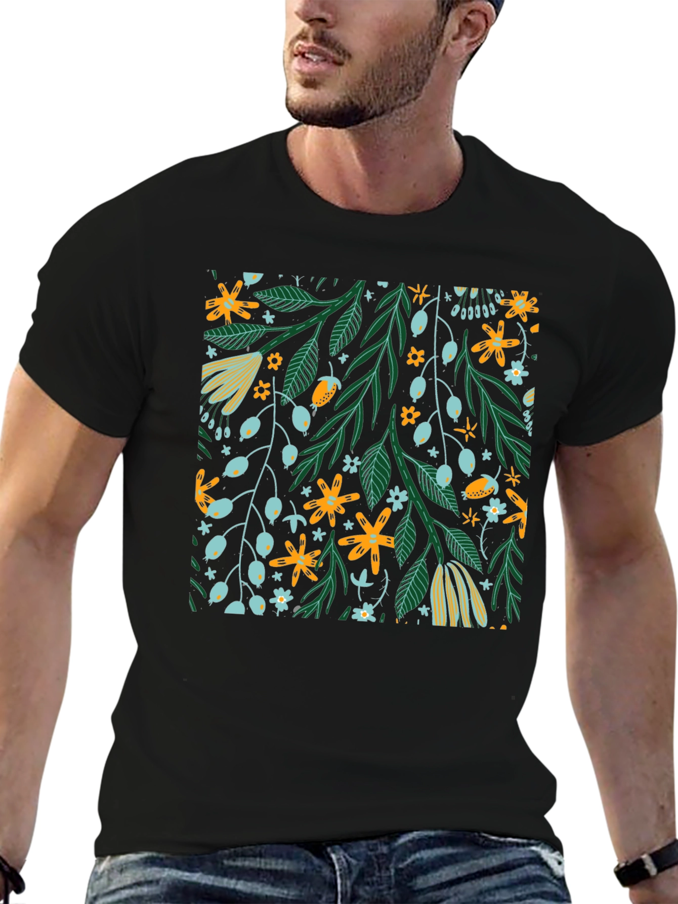 Floral Pattern Black T-Shirt - Trendy Unisex Design