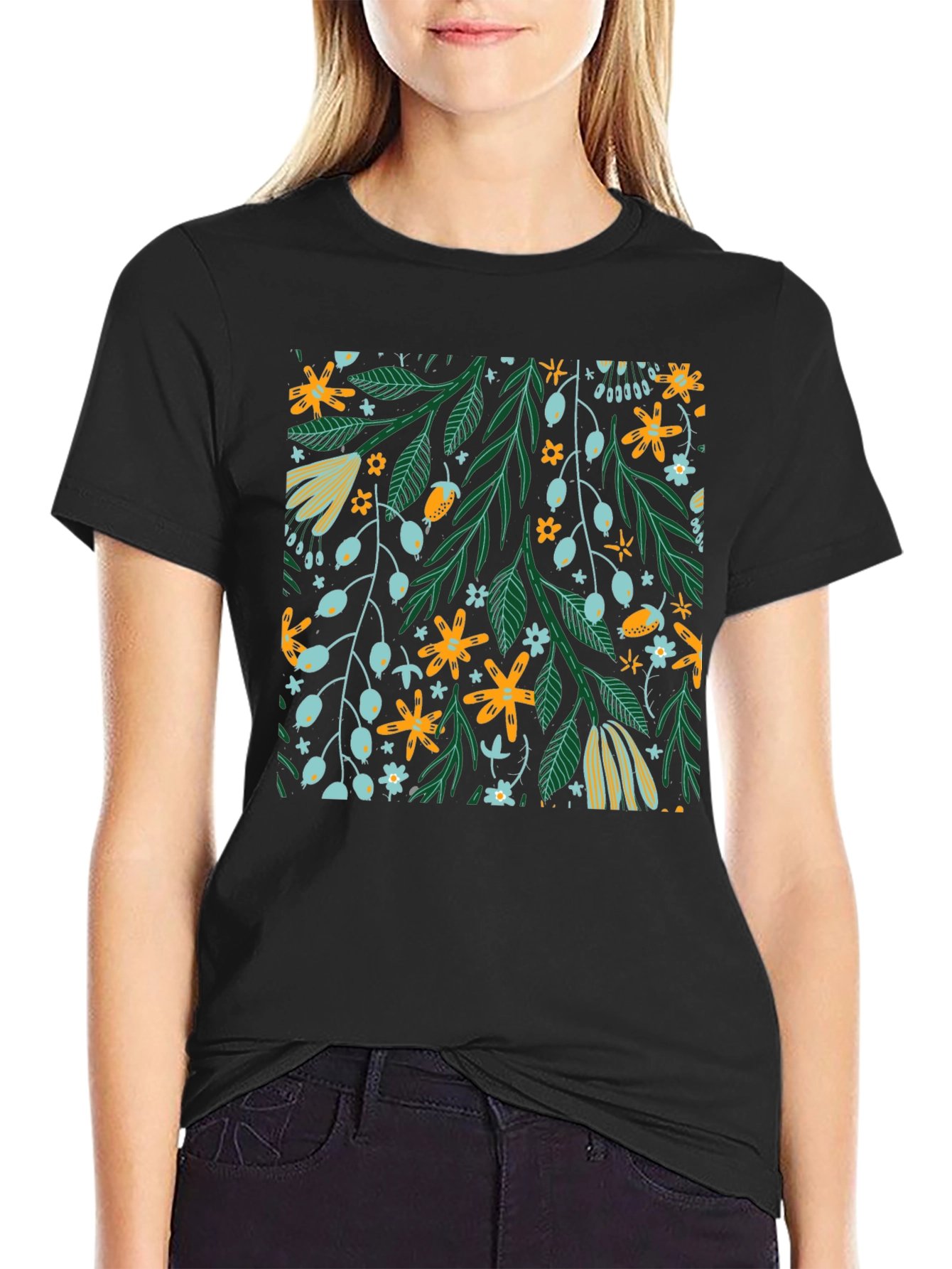 Floral Pattern Black T-Shirt - Trendy Unisex Design