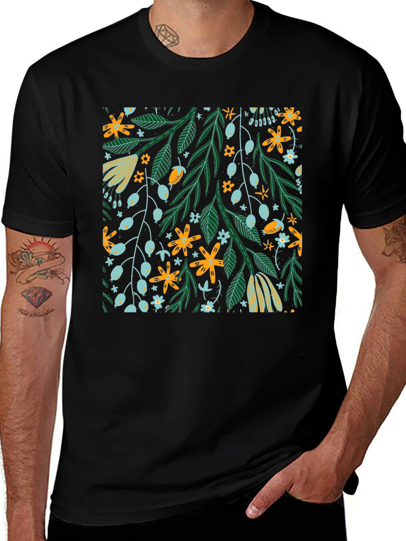 Floral Pattern Black T-Shirt - Trendy Unisex Design