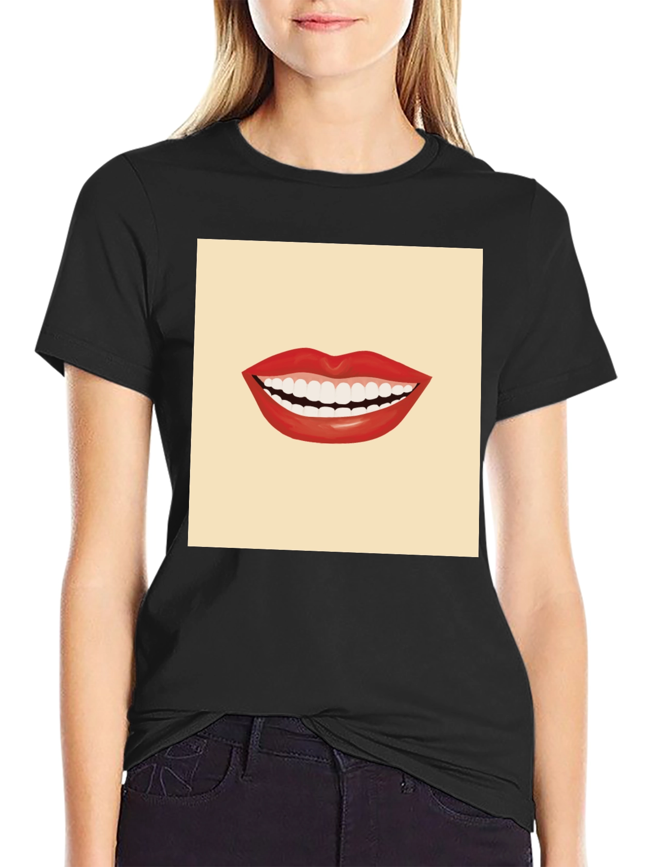 Smiling Mouth Graphic Tee - Black Cotton T-Shirt