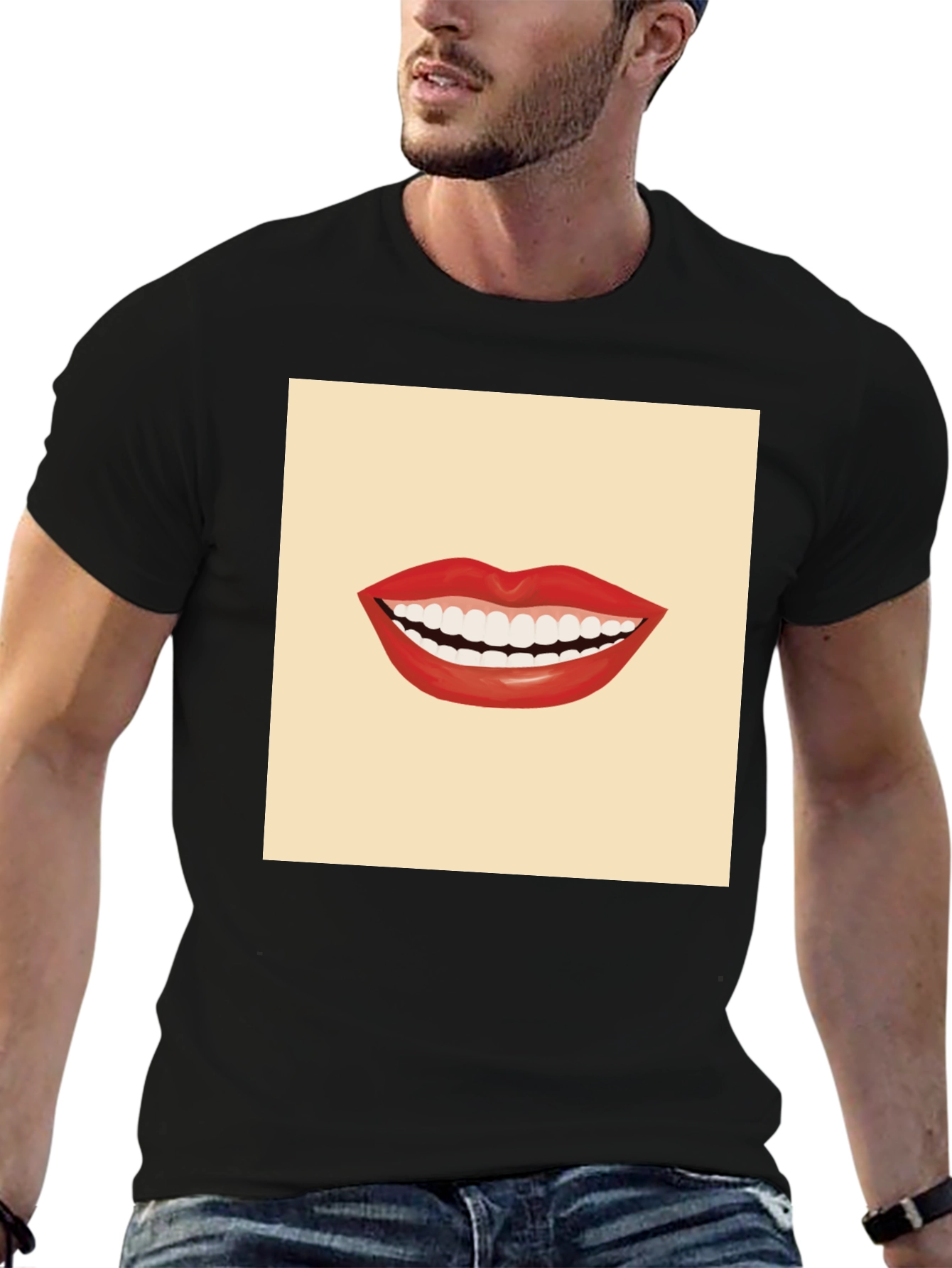 Smiling Mouth Graphic Tee - Black Cotton T-Shirt