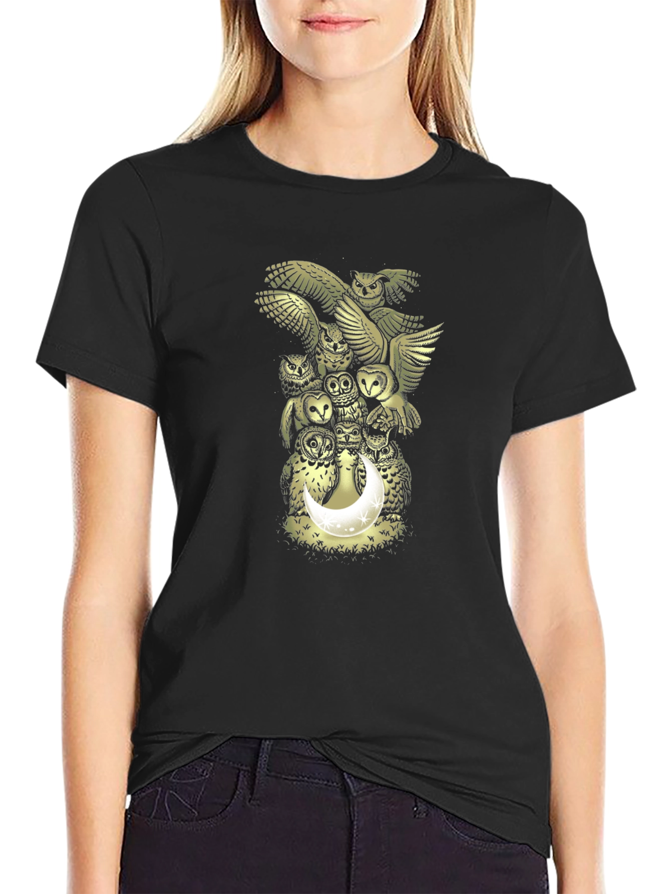 Owl Moon Graphic Print Mens Black T-Shirt