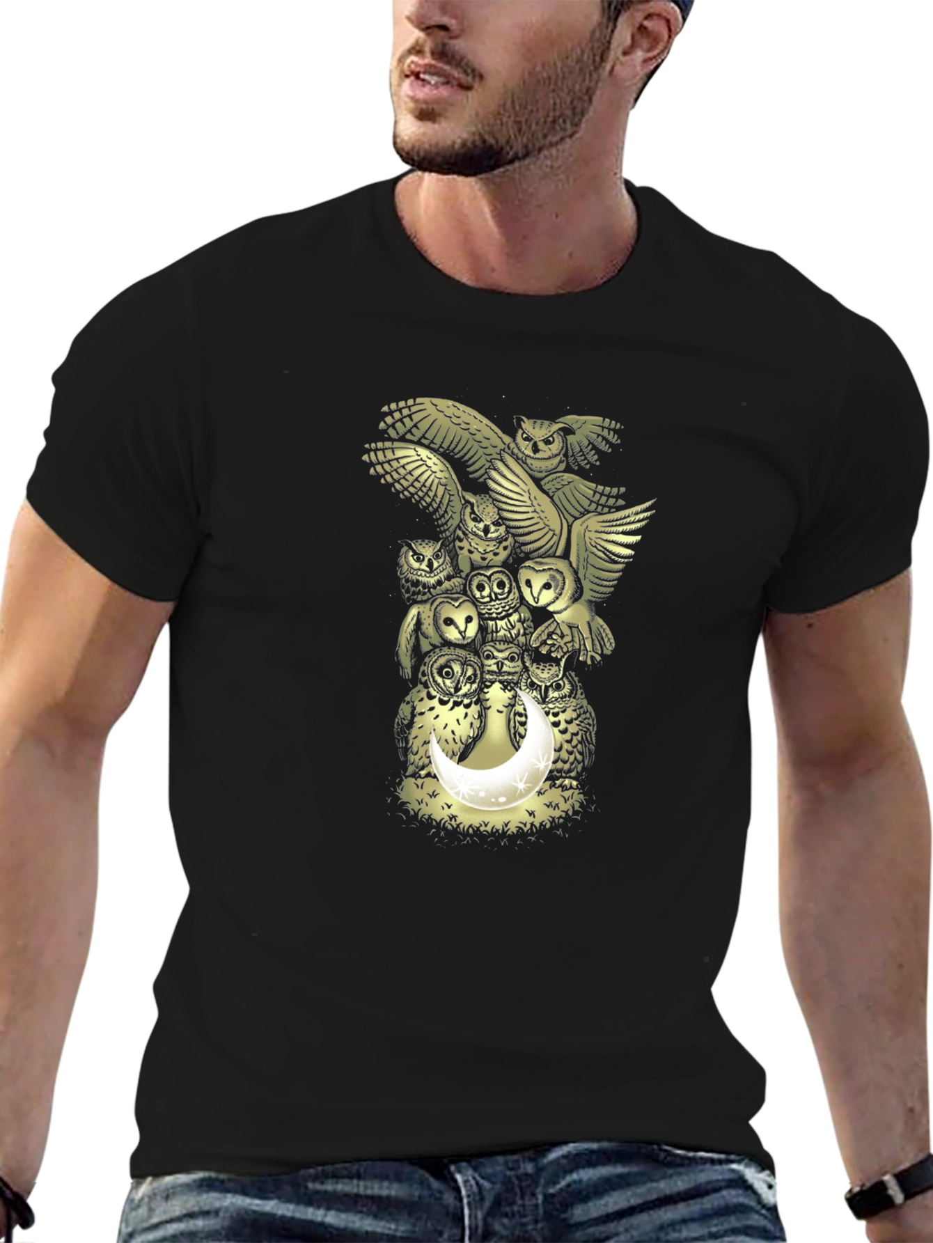 Owl Moon Graphic Print Mens Black T-Shirt