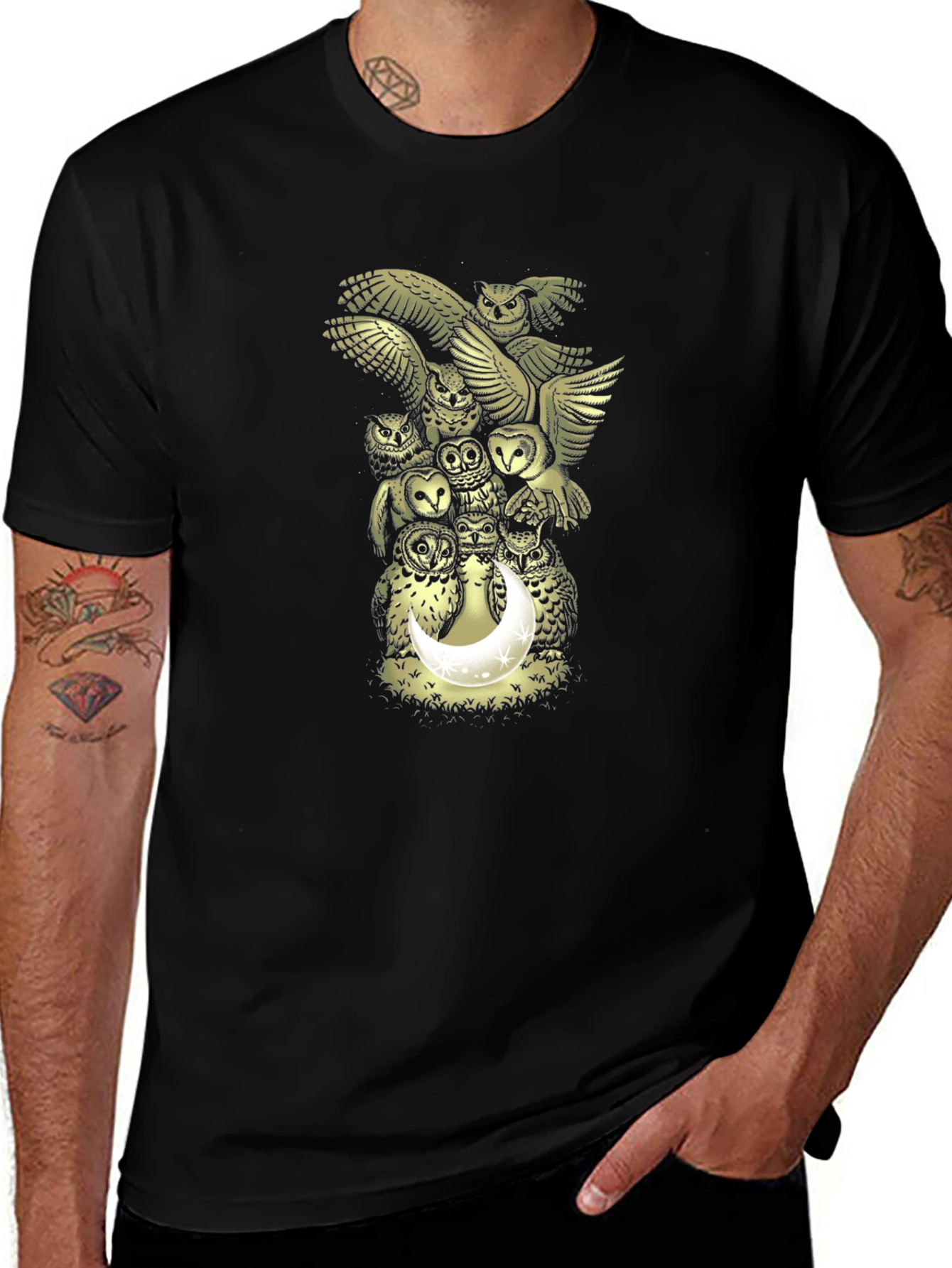 Owl Moon Graphic Print Mens Black T-Shirt