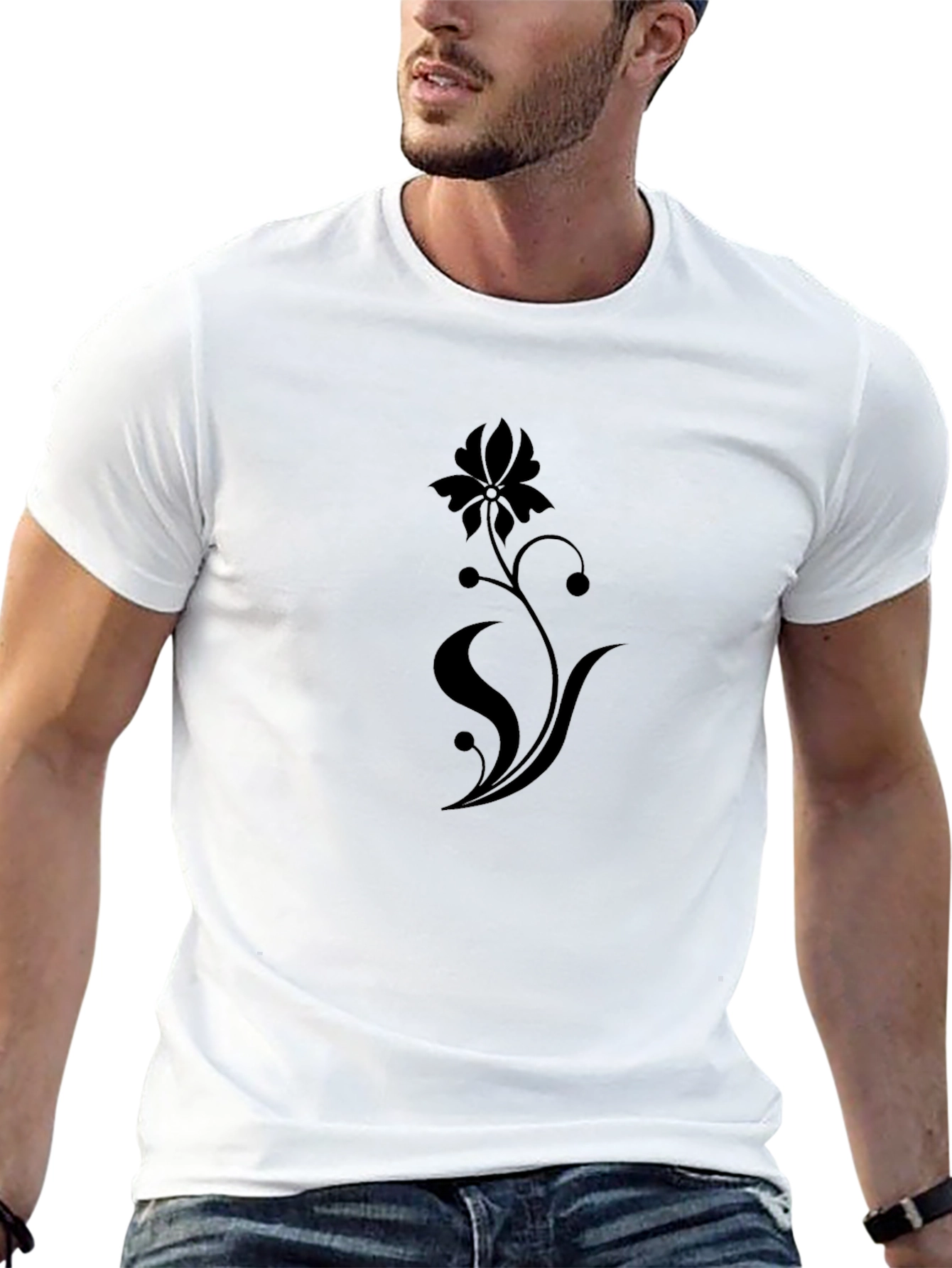 Black Floral Print Stylish Mens T-Shirt