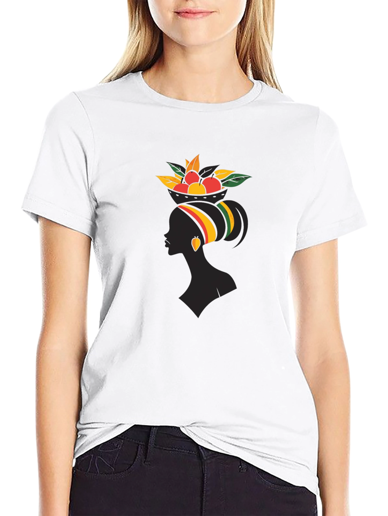 Stylish Black Graphic T-Shirt - African Woman Fruit Design