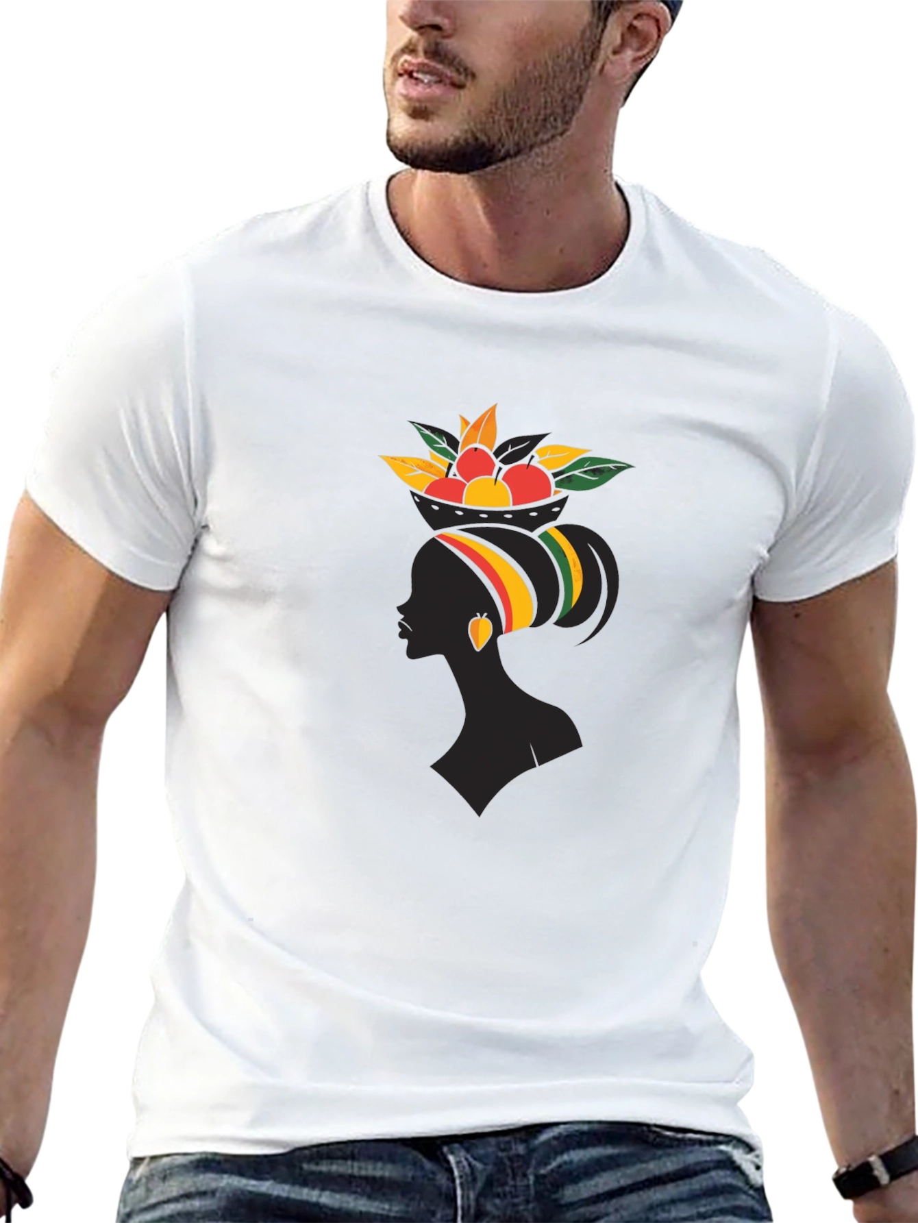 Stylish Black Graphic T-Shirt - African Woman Fruit Design