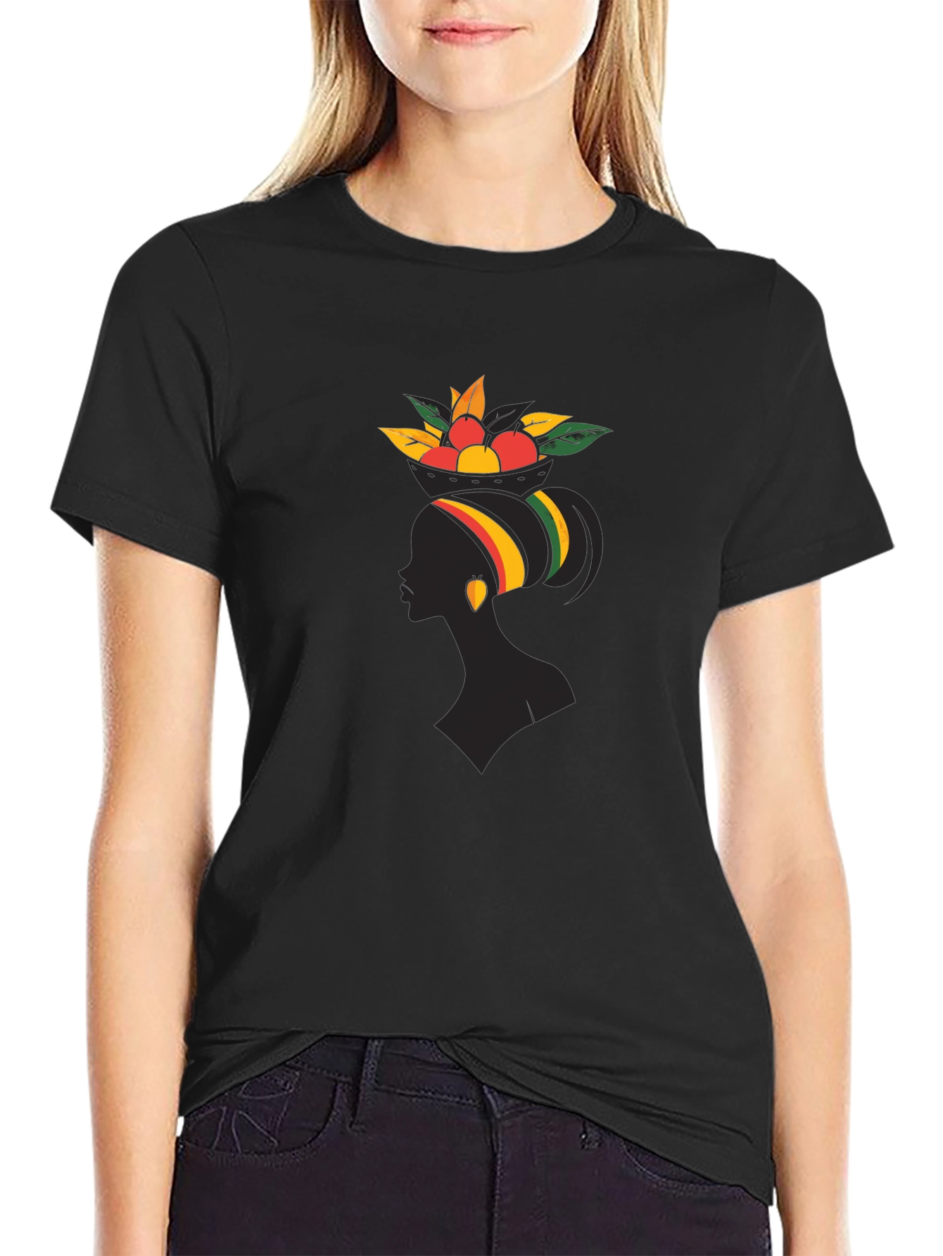 Stylish Black Graphic T-Shirt - African Woman Fruit Design