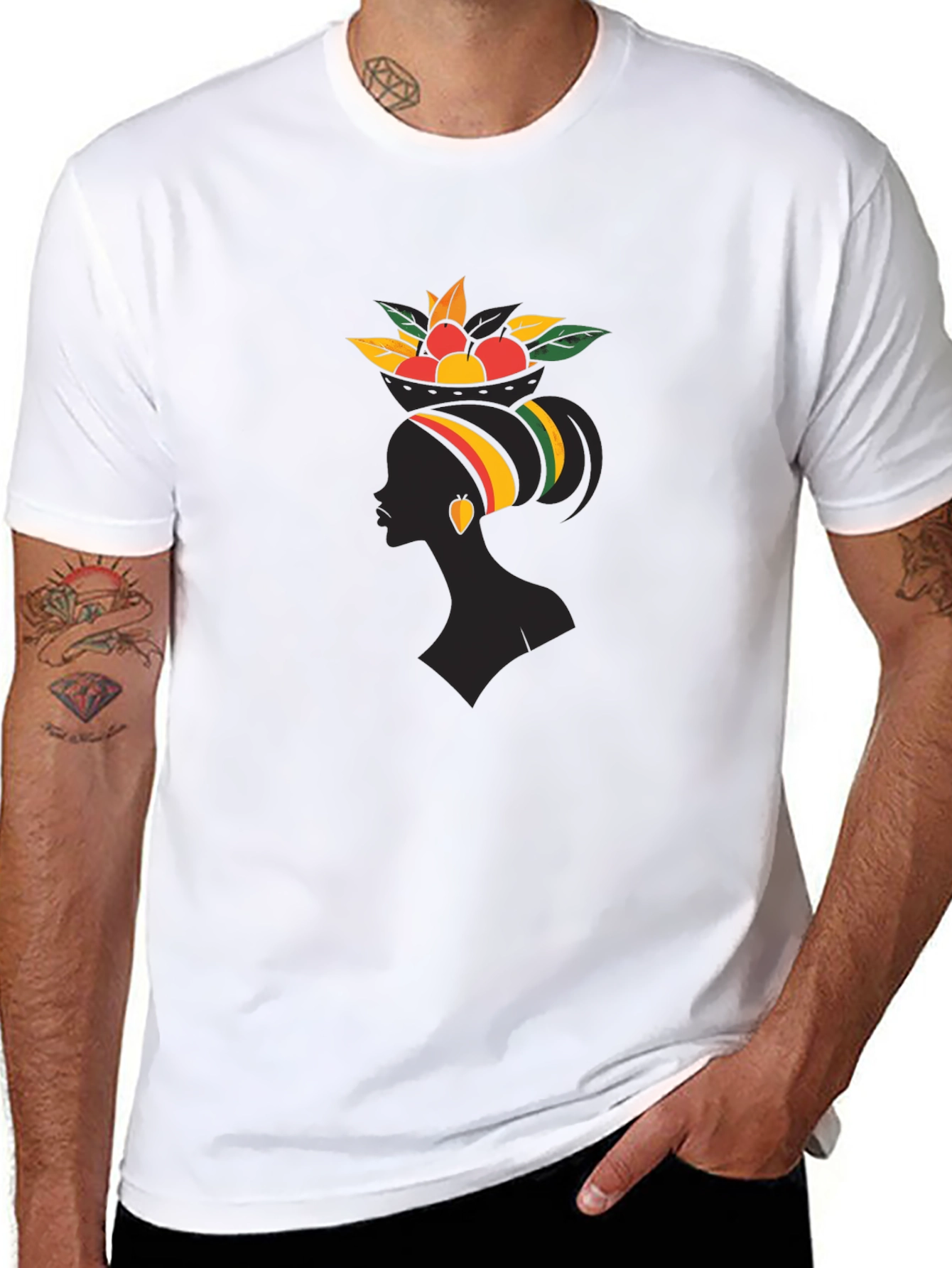 Stylish Black Graphic T-Shirt - African Woman Fruit Design
