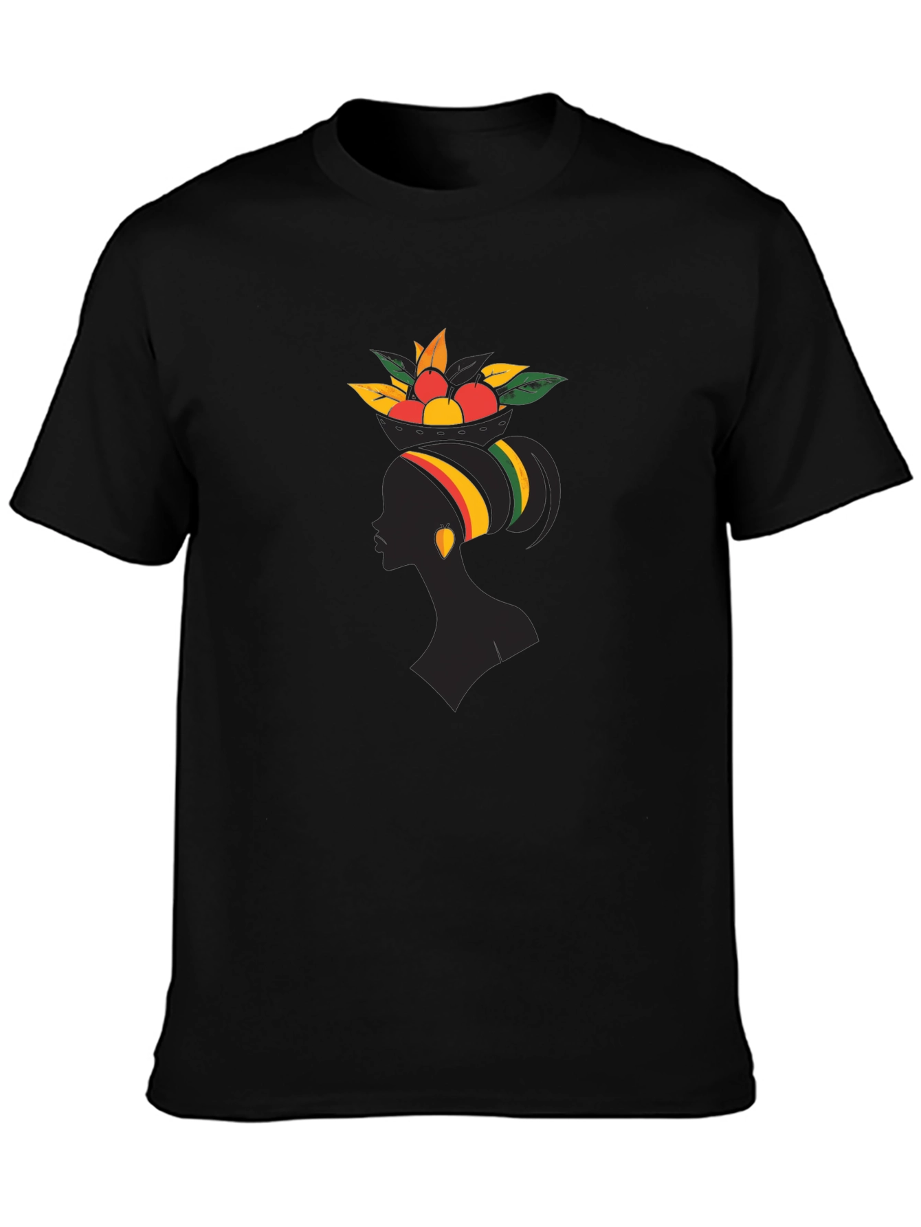 Stylish Black Graphic T-Shirt - African Woman Fruit Design
