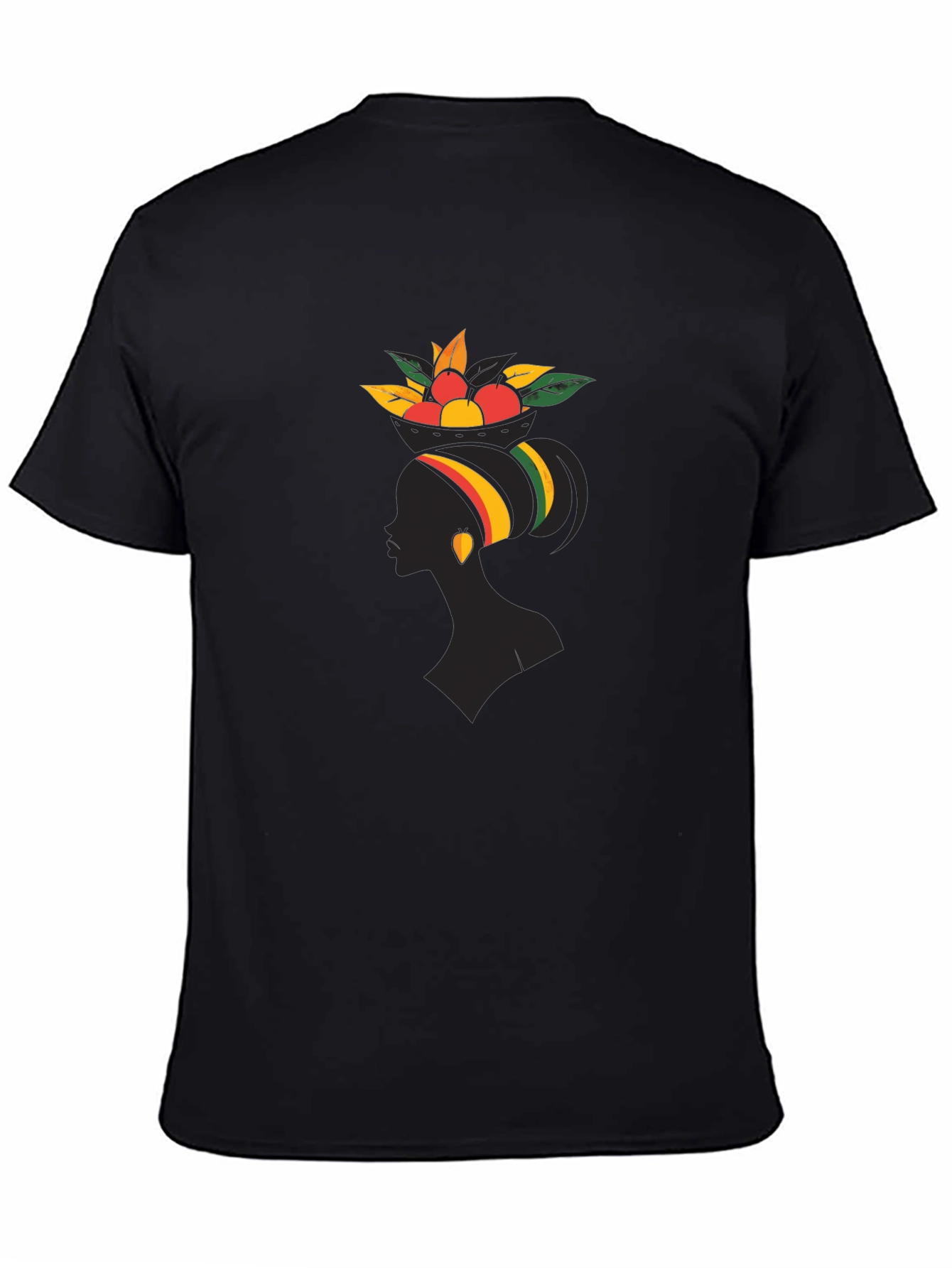 Stylish Black Graphic T-Shirt - African Woman Fruit Design