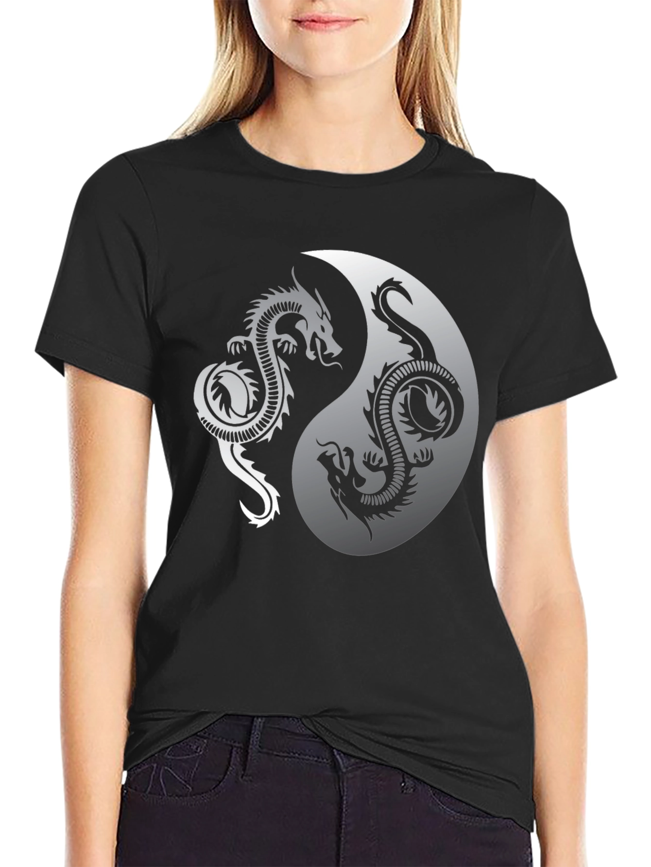 Yin Yang Dragon Graphic Black T-Shirt