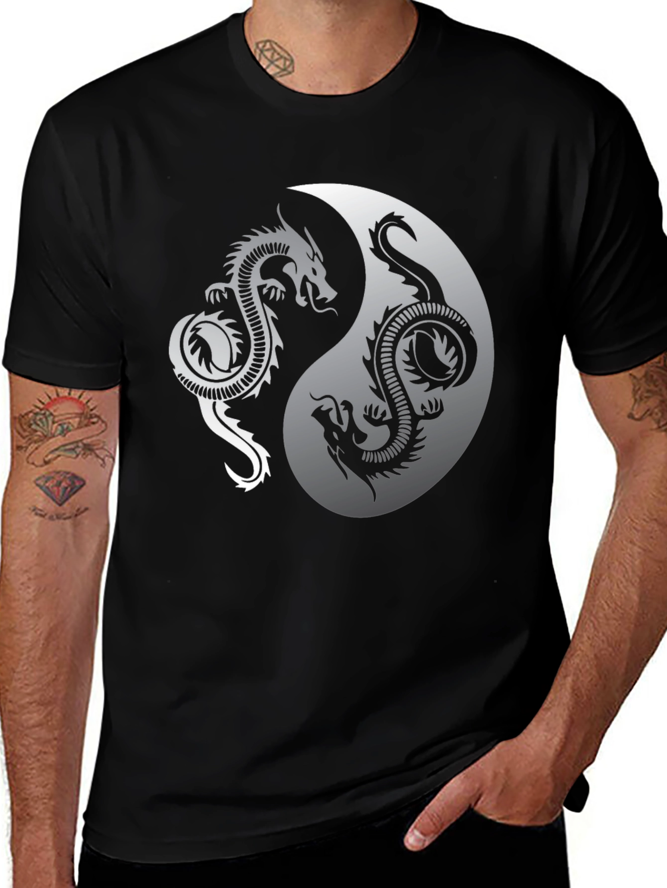 Yin Yang Dragon Graphic Black T-Shirt