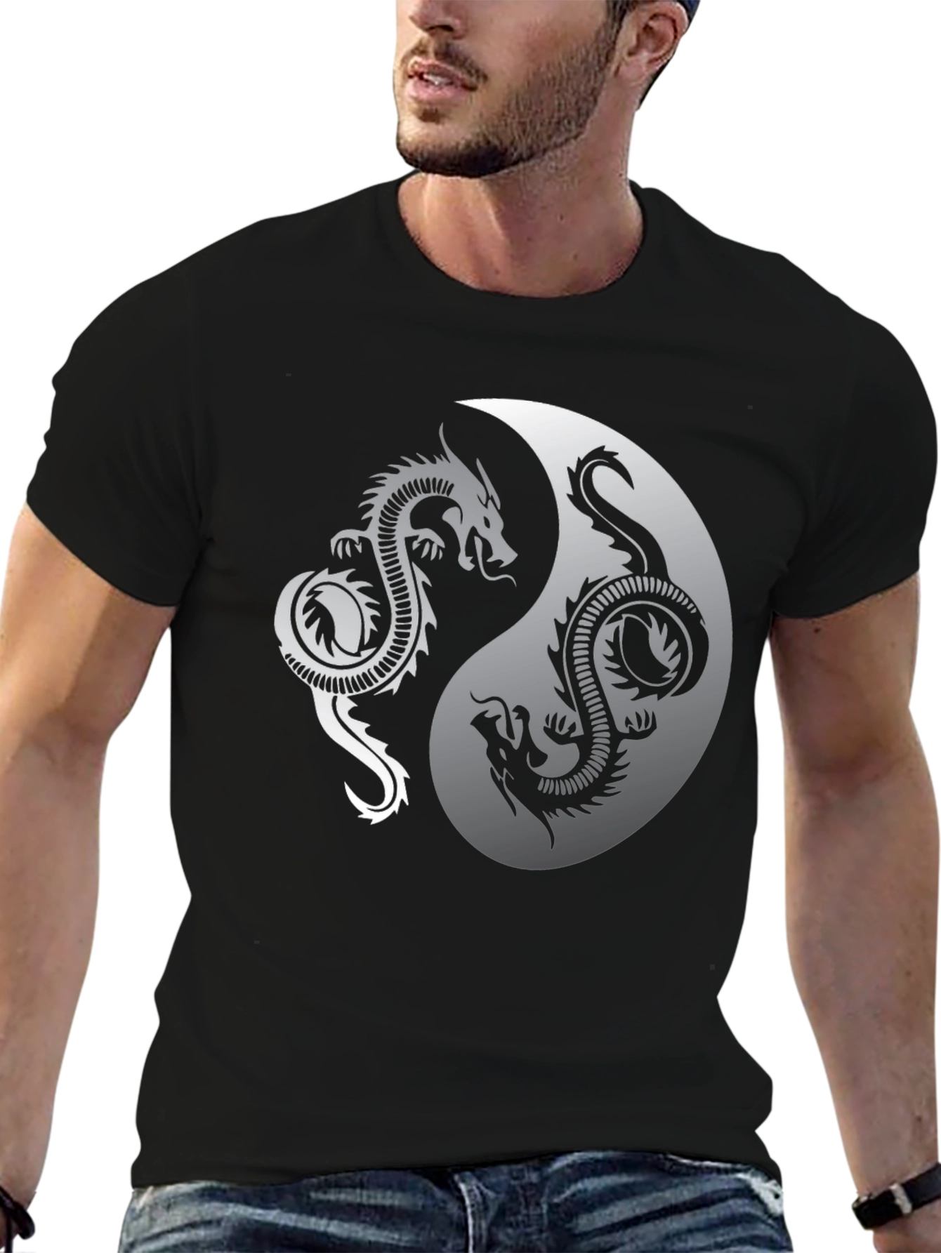 Yin Yang Dragon Graphic Black T-Shirt