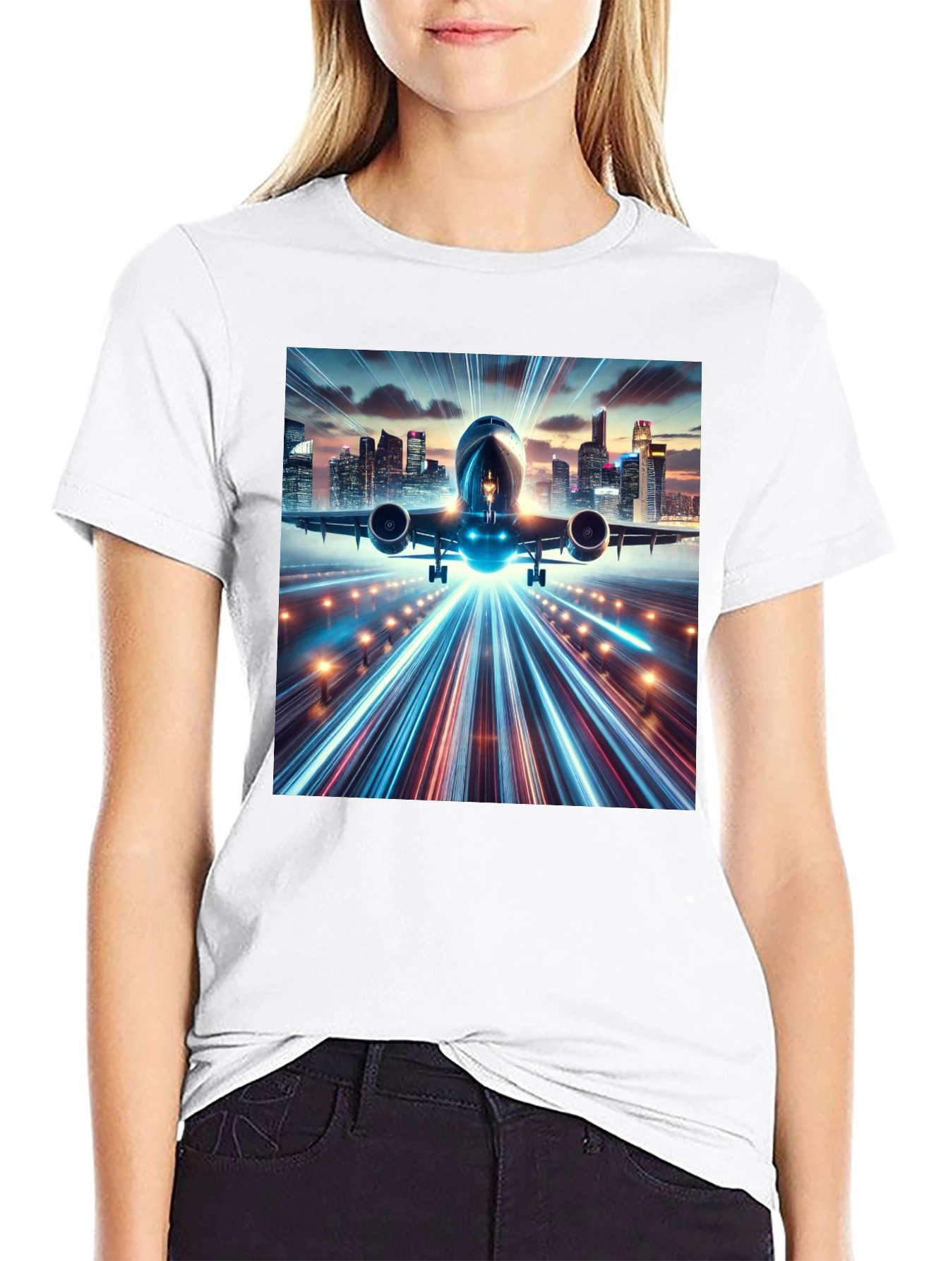 Cityscape Airplane Graphic Tee - Black