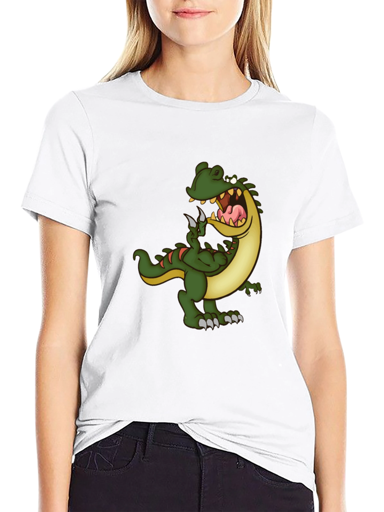 Cartoon Dinosaur Graphic Tee - Black