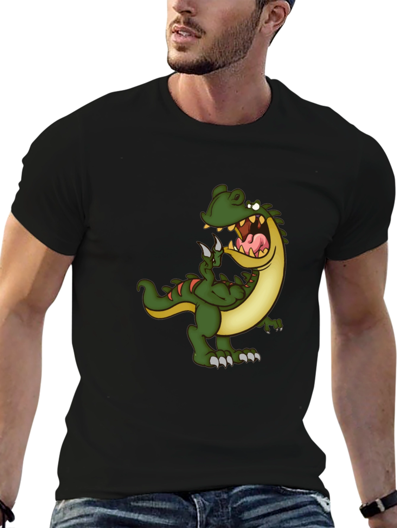 Cartoon Dinosaur Graphic Tee - Black