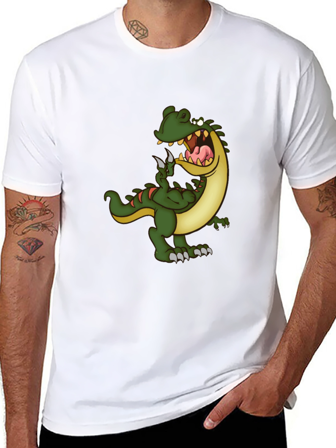 Cartoon Dinosaur Graphic Tee - Black