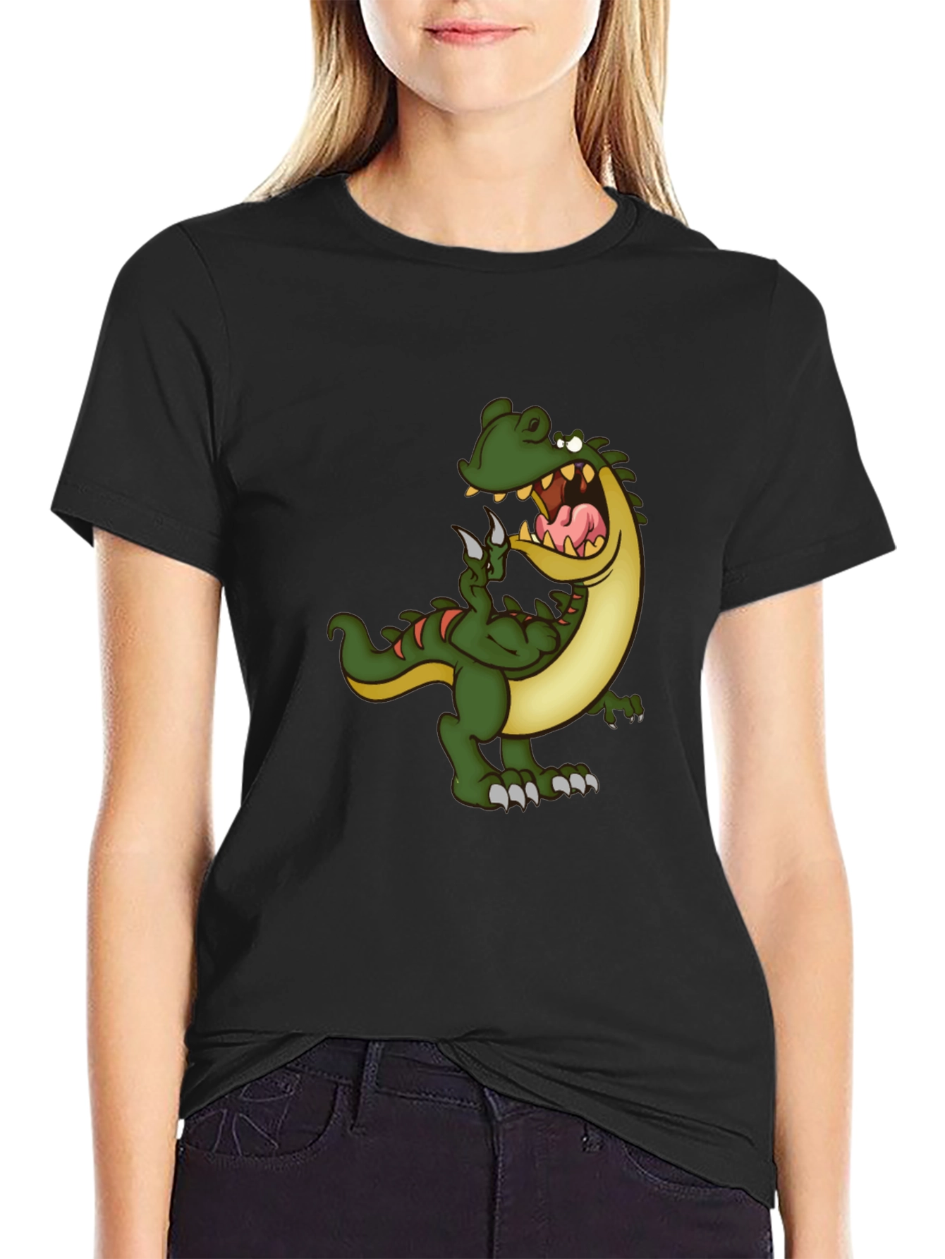 Cartoon Dinosaur Graphic Tee - Black