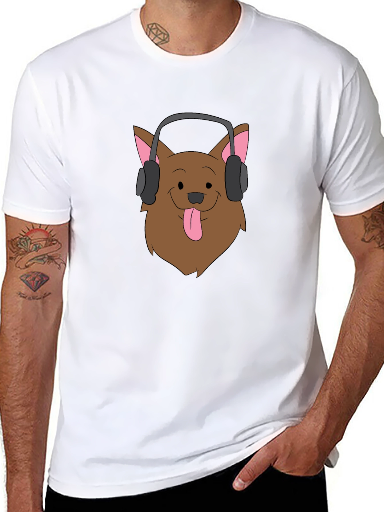 Dog with Headphones Graphic Tee - Black Cotton T-Shirt