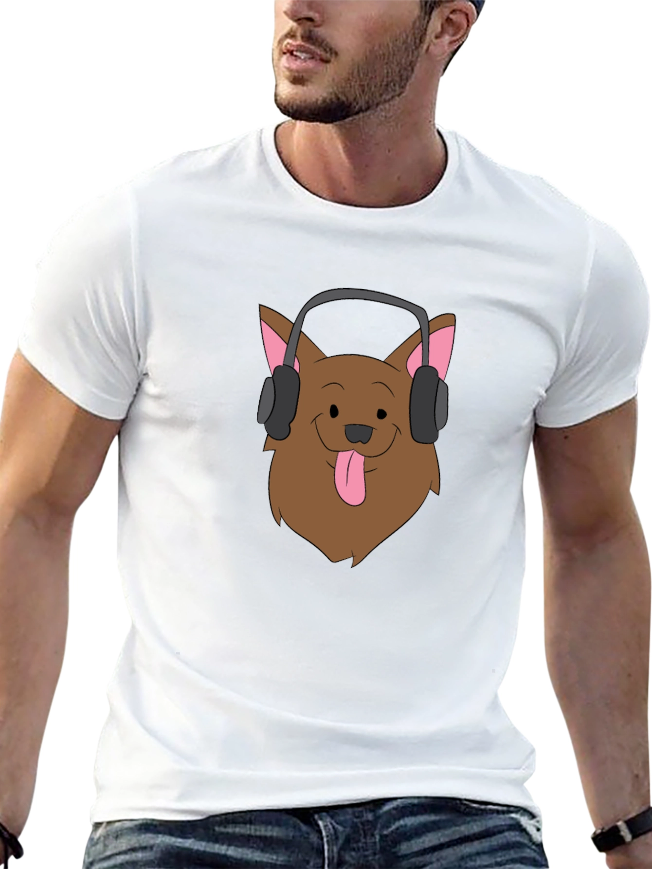 Dog with Headphones Graphic Tee - Black Cotton T-Shirt